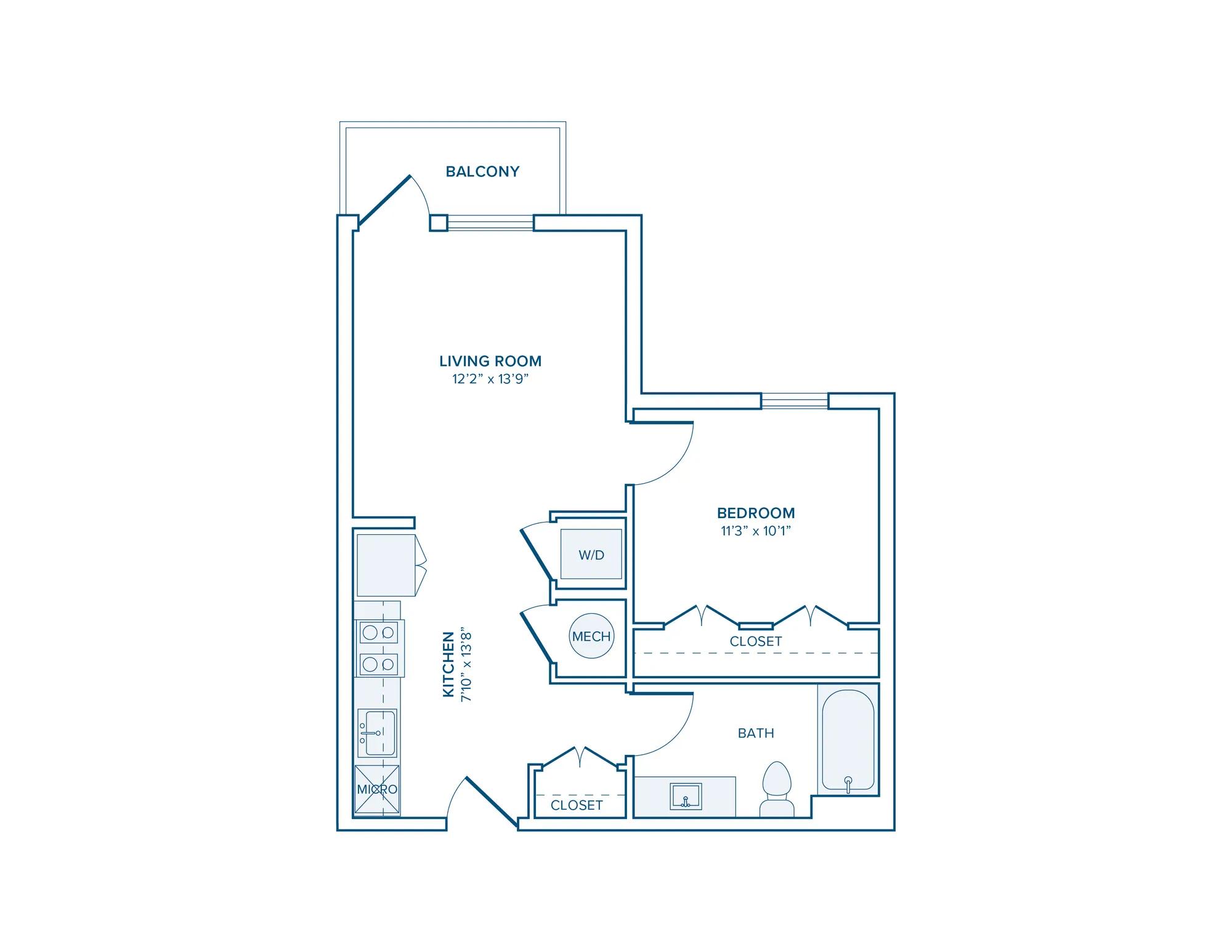562 square foot one bed one bath apartment floor plan in D.C.