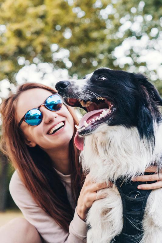 alister sunset valley apartments woman hugging black and white dog