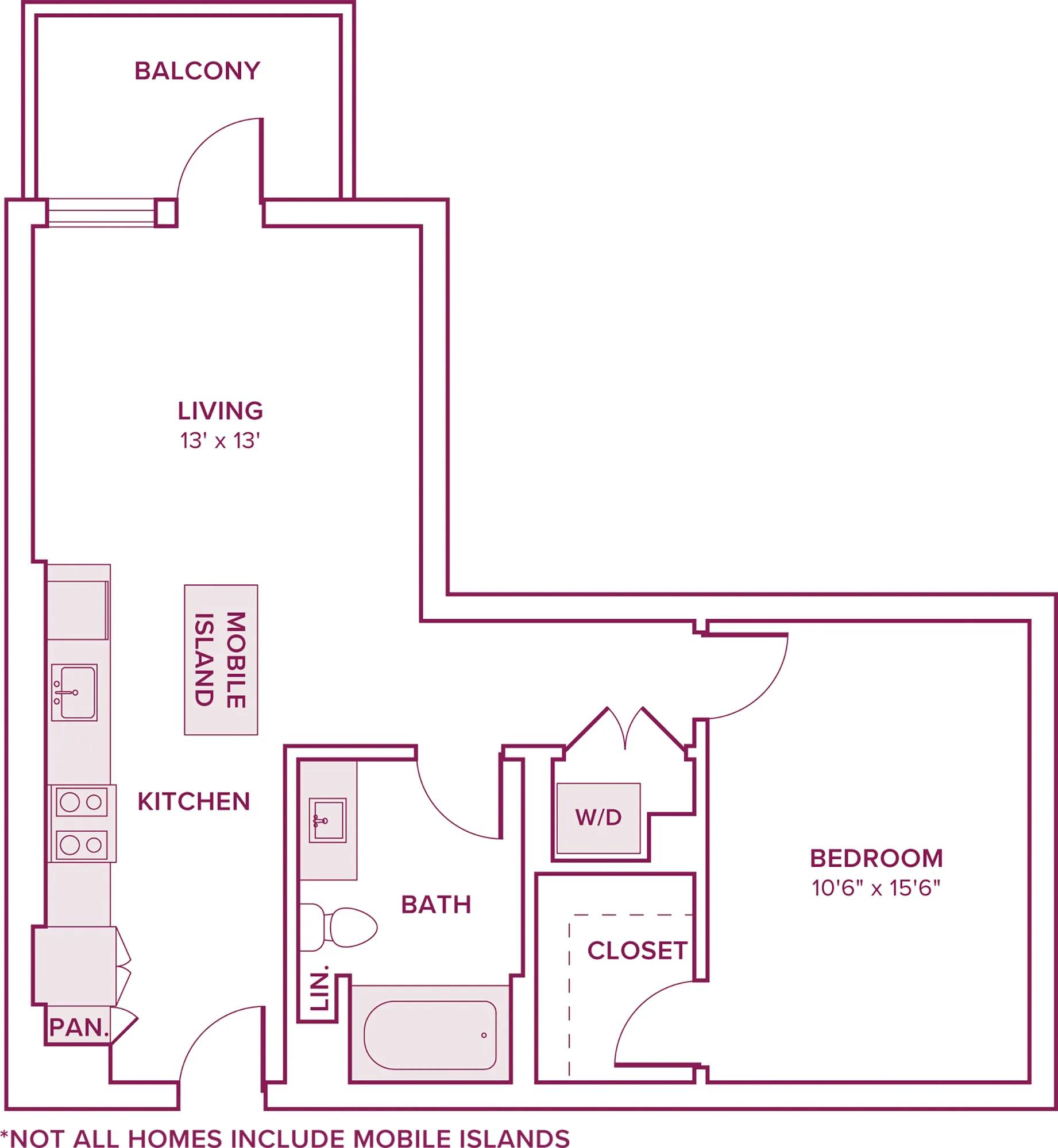 624 square foot one bed one bath floor plan in Argyle, CA