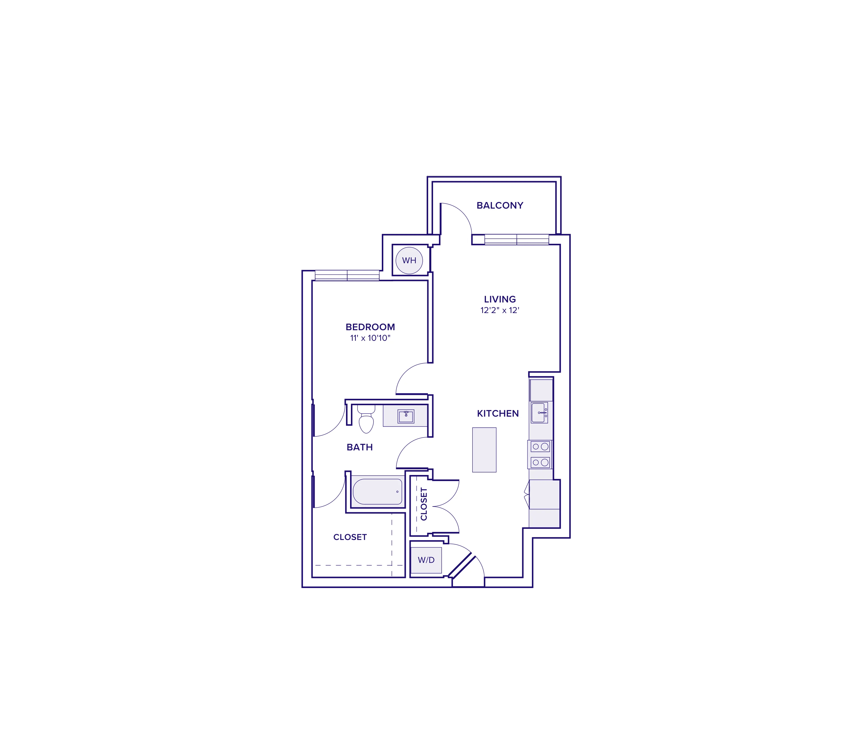 734 square foot one bedroom one bath apartment floor plan in Atlanta, GA