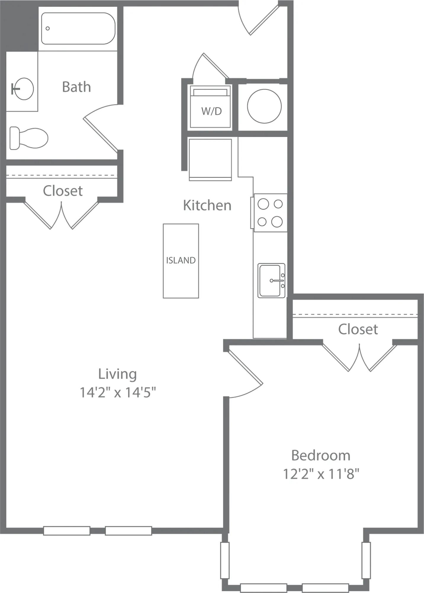 832 square foot one bedroom one bath apartment floorplan image