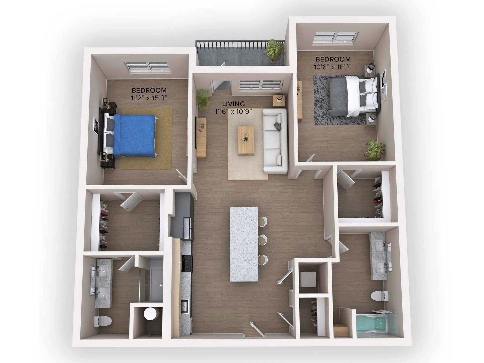 1169 square foot two bedroom two bath apartment floor plan in Denver, CO