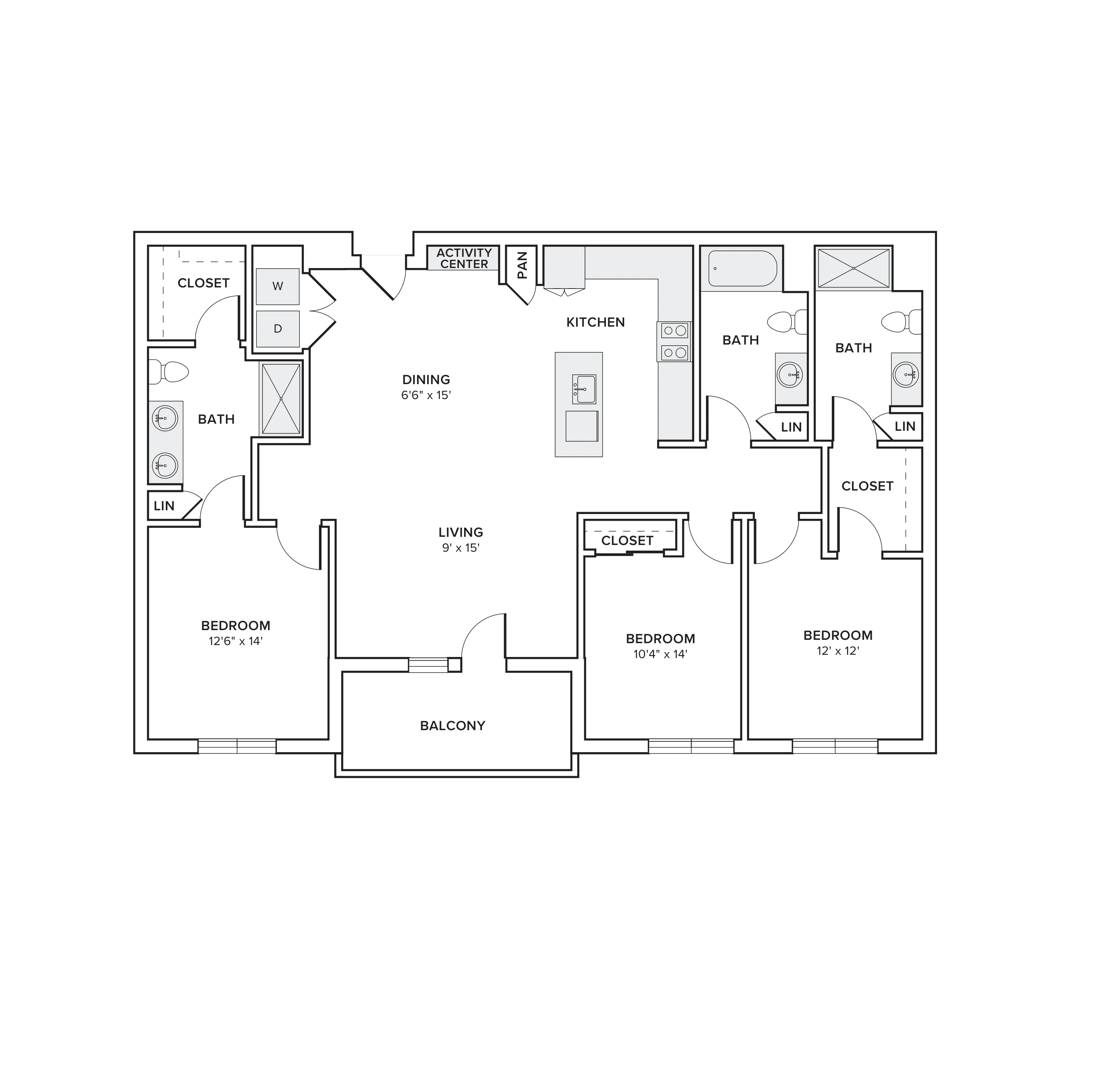 1510 square foot three bed three bath floor plan image