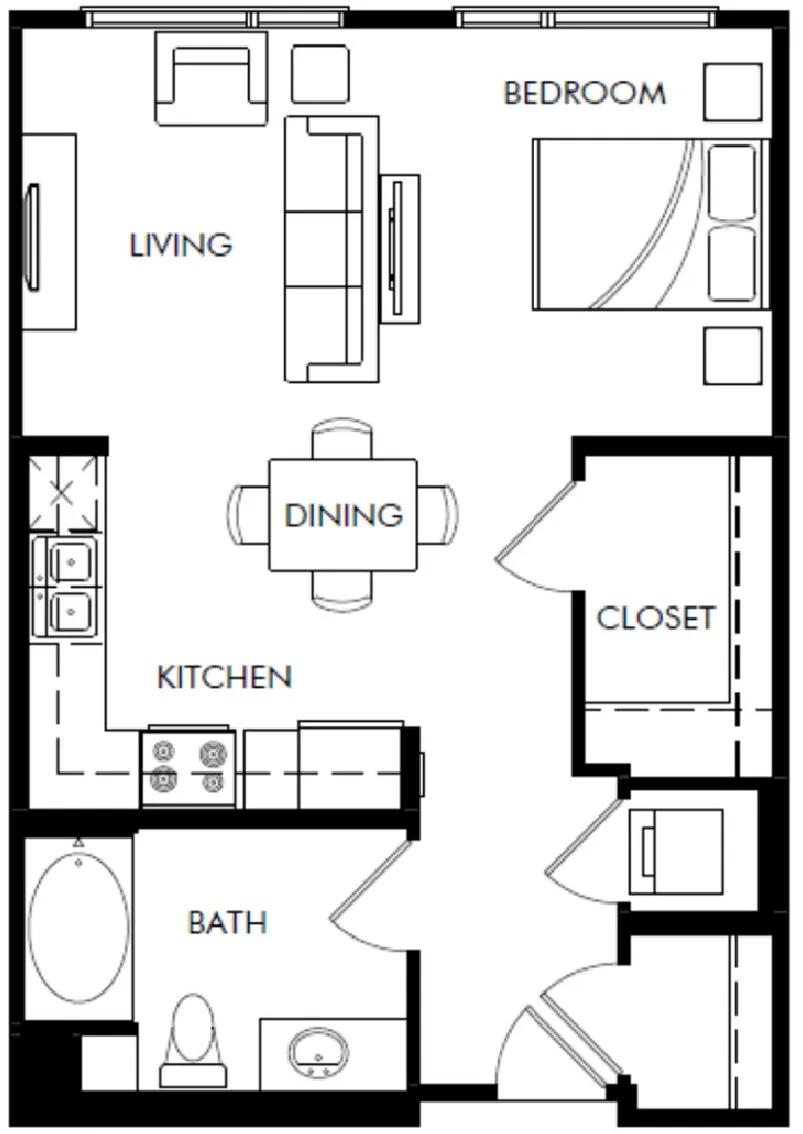 627 square foot studio one bath apartment floor plan image