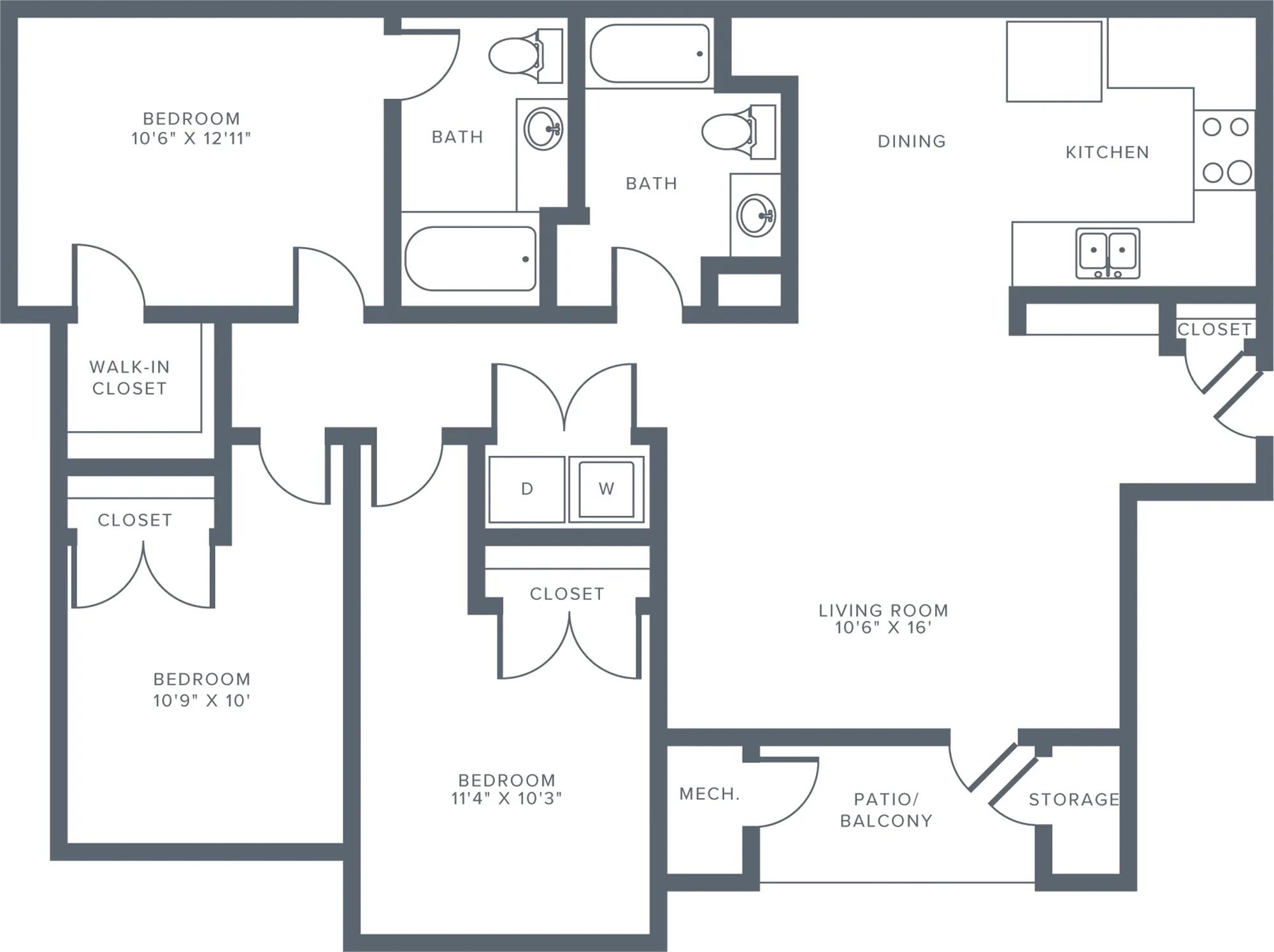 1313 square foot three bedroom two bath apartment floorplan image