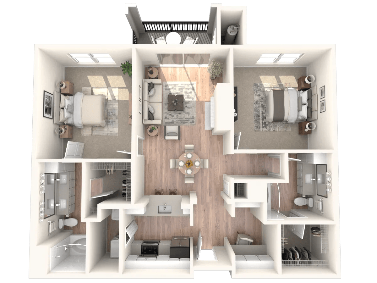 1184 square foot two bed two bath apartment floor plan image