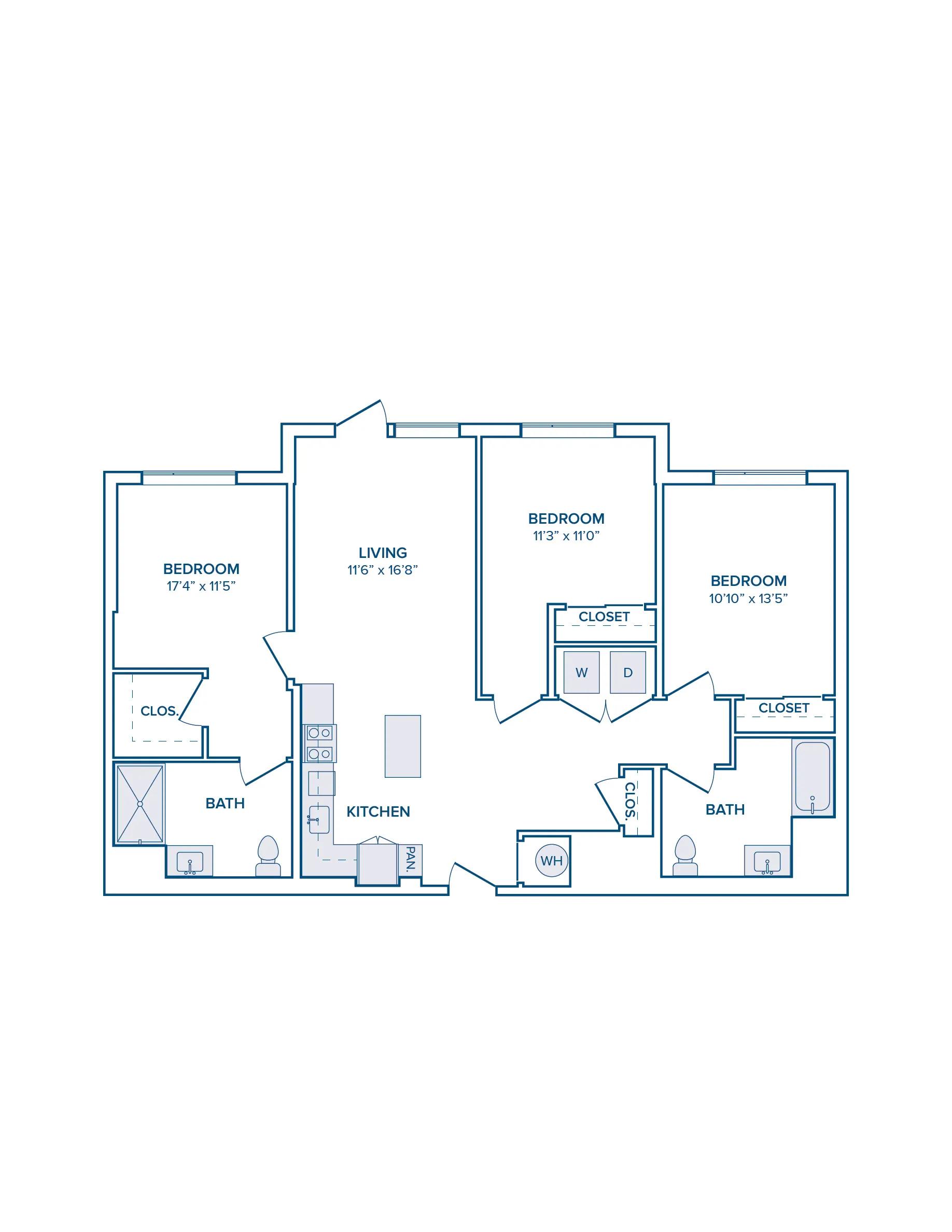 1323 square foot three bed two bath floor plan image