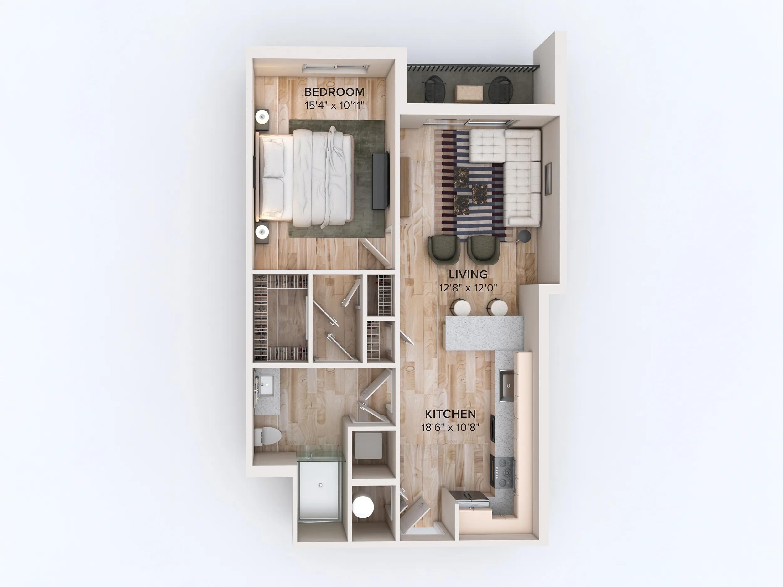 752 square foot one bed one bath floor plan in Miami, FL