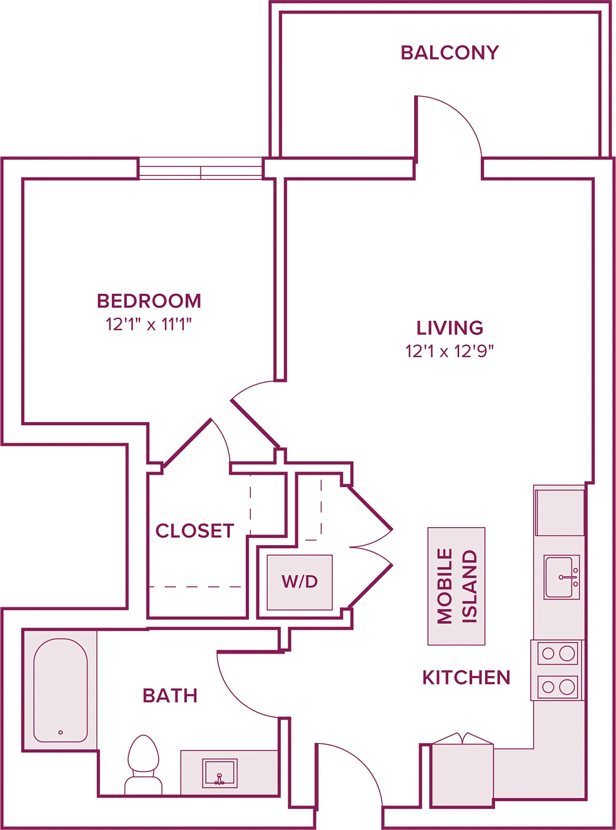 609 square foot one bed one bath floor plan in Argyle, CA