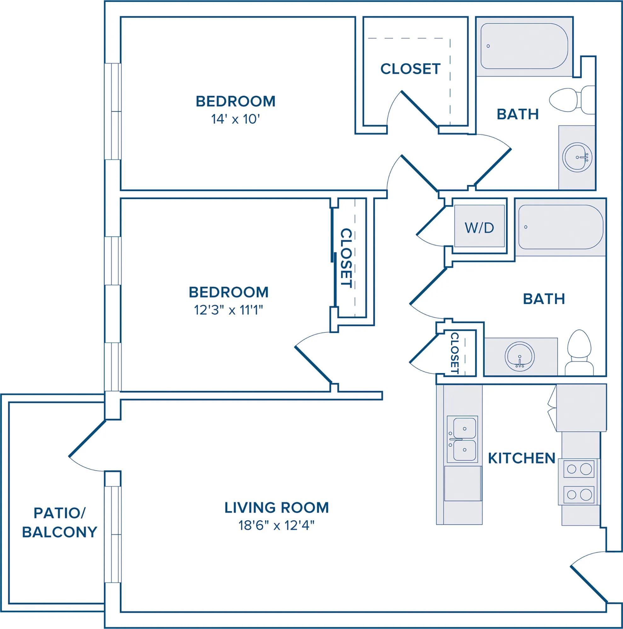 1067 to 1222 square foot two bedroom two bath apartment floorplan image