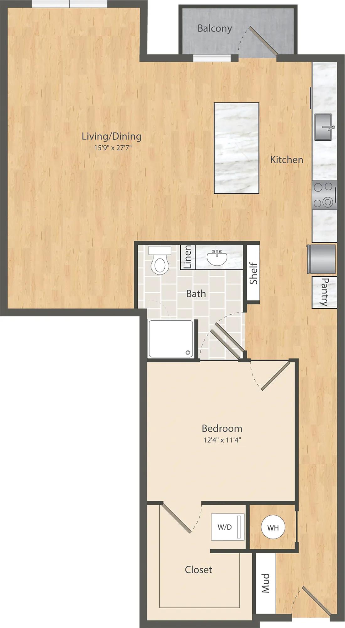 1048 square foot one bedroom one bath apartment floor plan in Dallas, TX