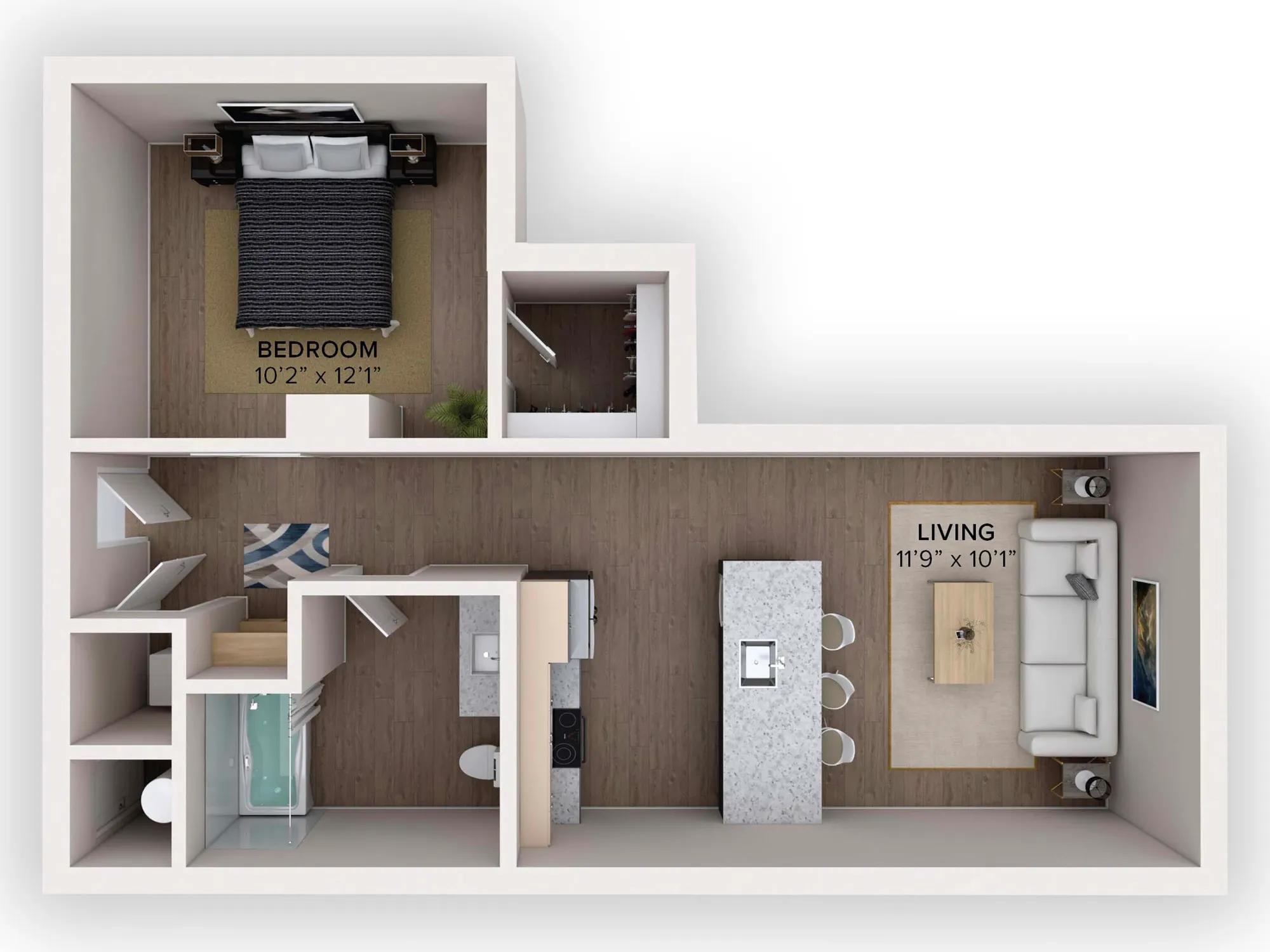 513 square foot junior one bedroom one bath floor plan in Denver, CO