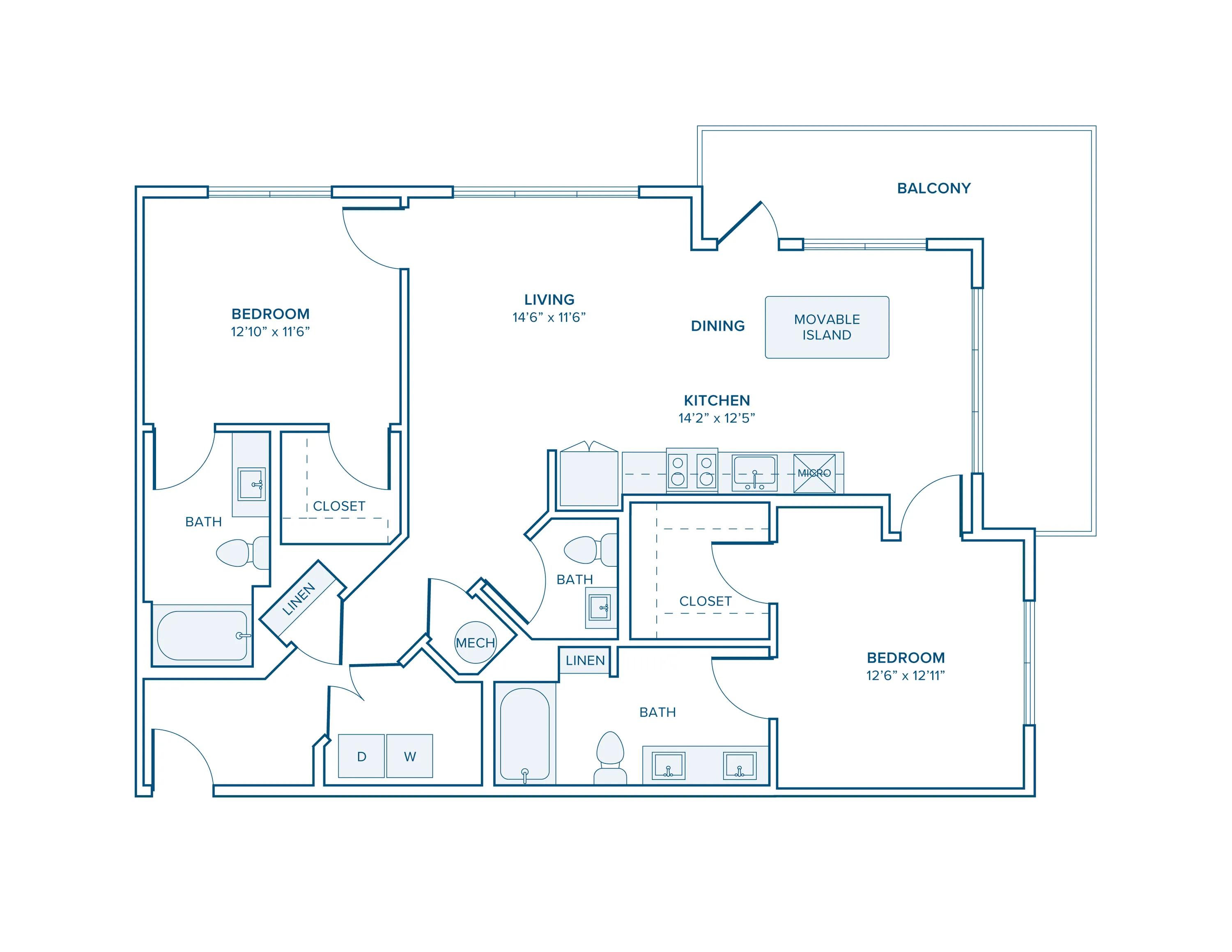 1202 square foot two bedroom two bath apartment floorplan in Charlotte, NC