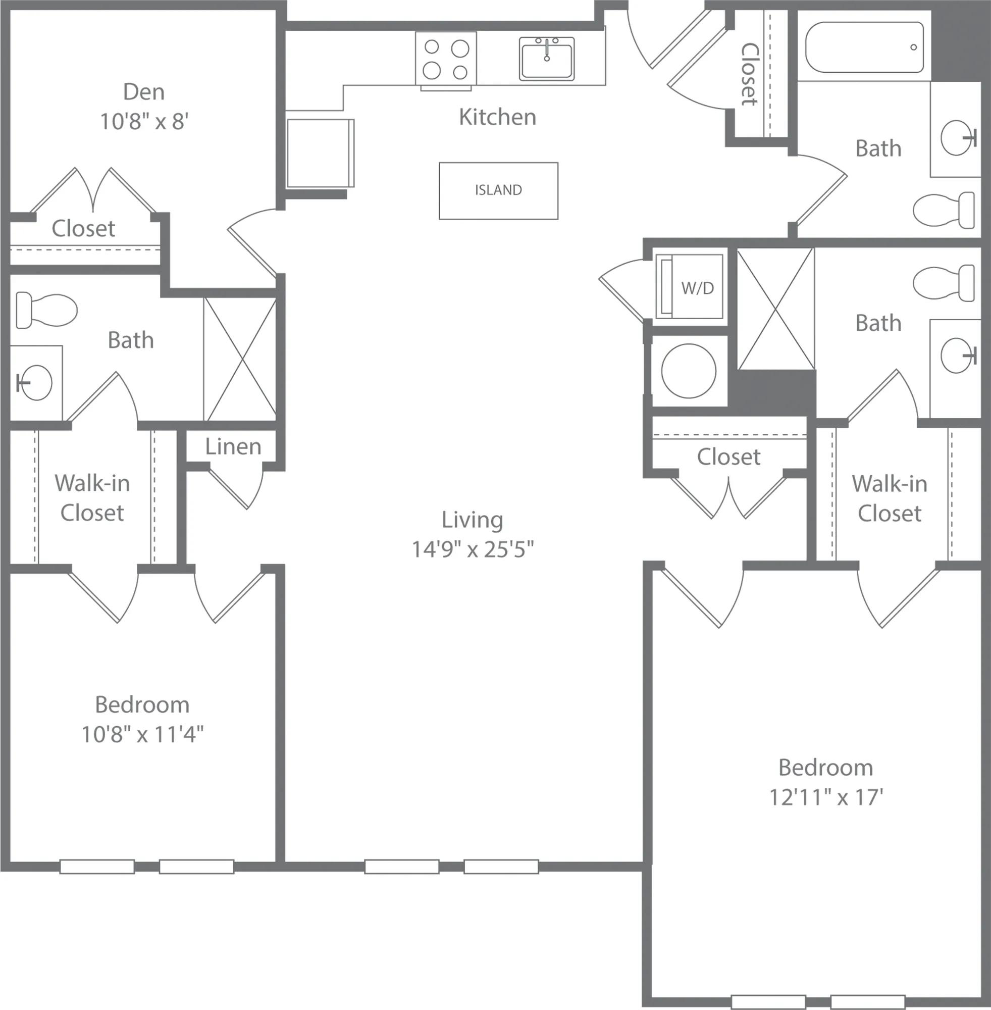 1521 square foot three bedroom three bath apartment floorplan image