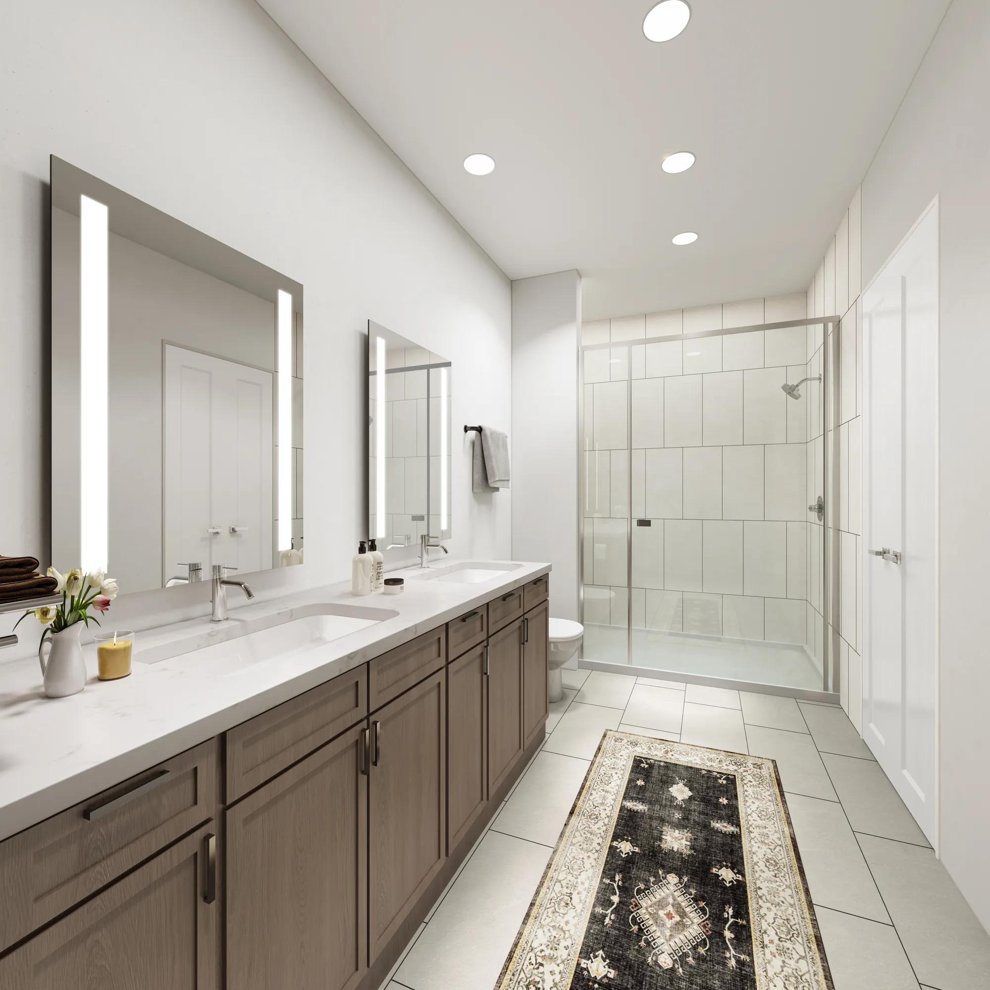 designer bathroom finishes with quartz countertops and wooden surrounds
