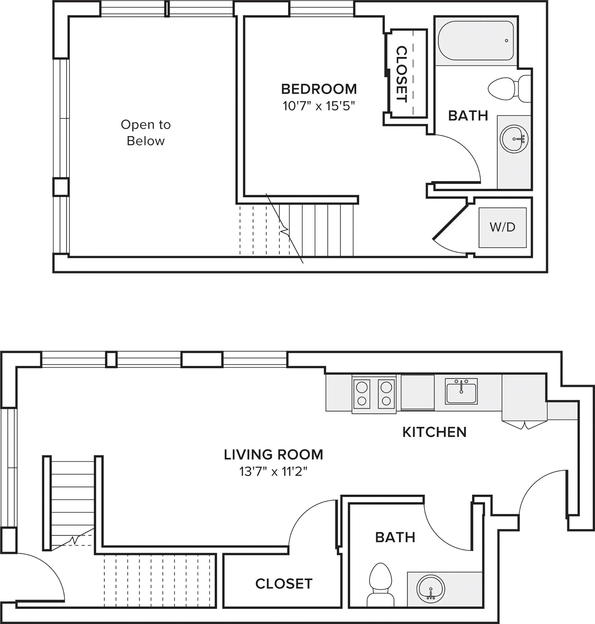 766 square foot one bed one bath apartment floor plan in Portland, OR