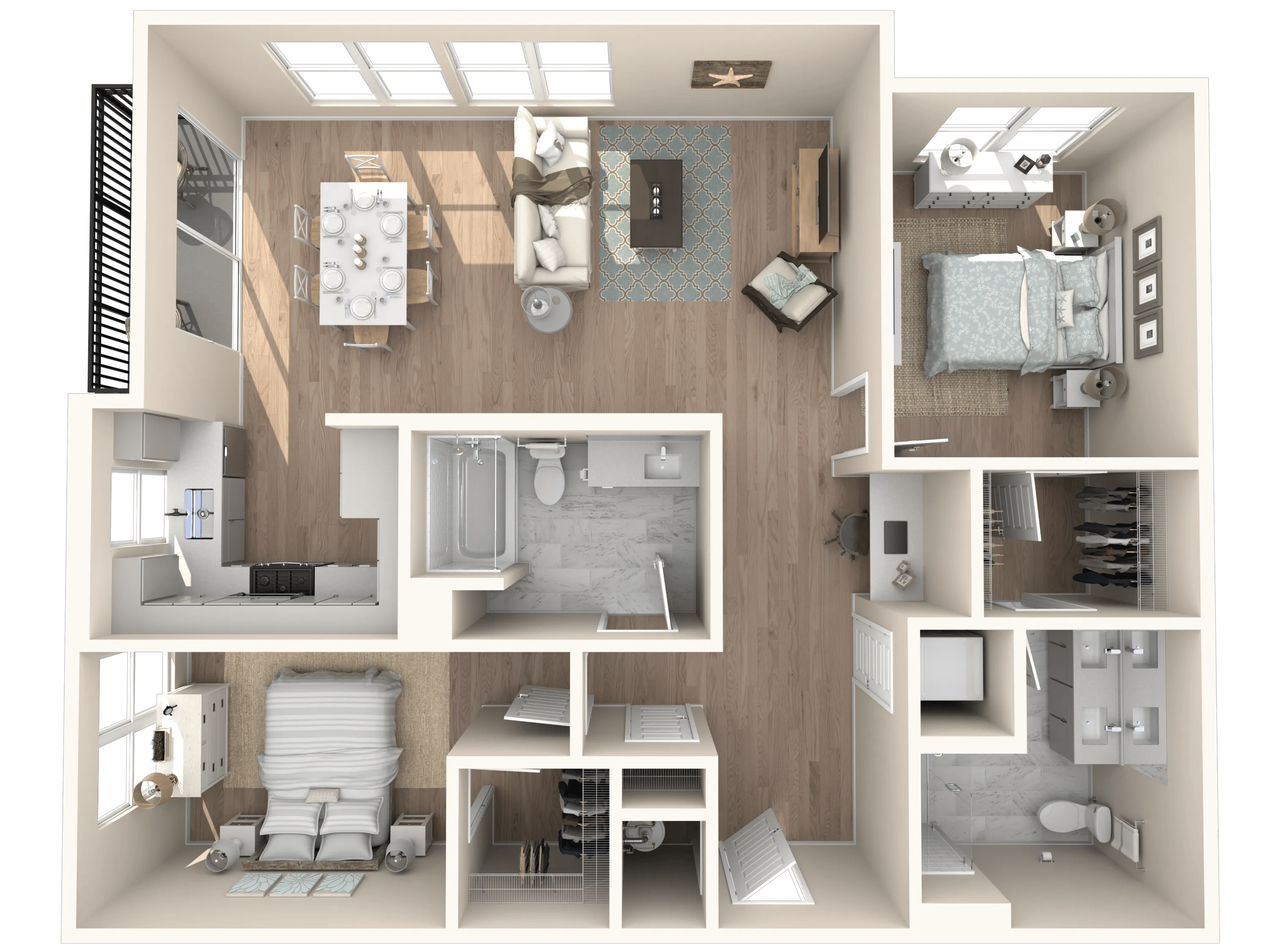 1233 square foot two bed two bath floor plan in Tampa, FL