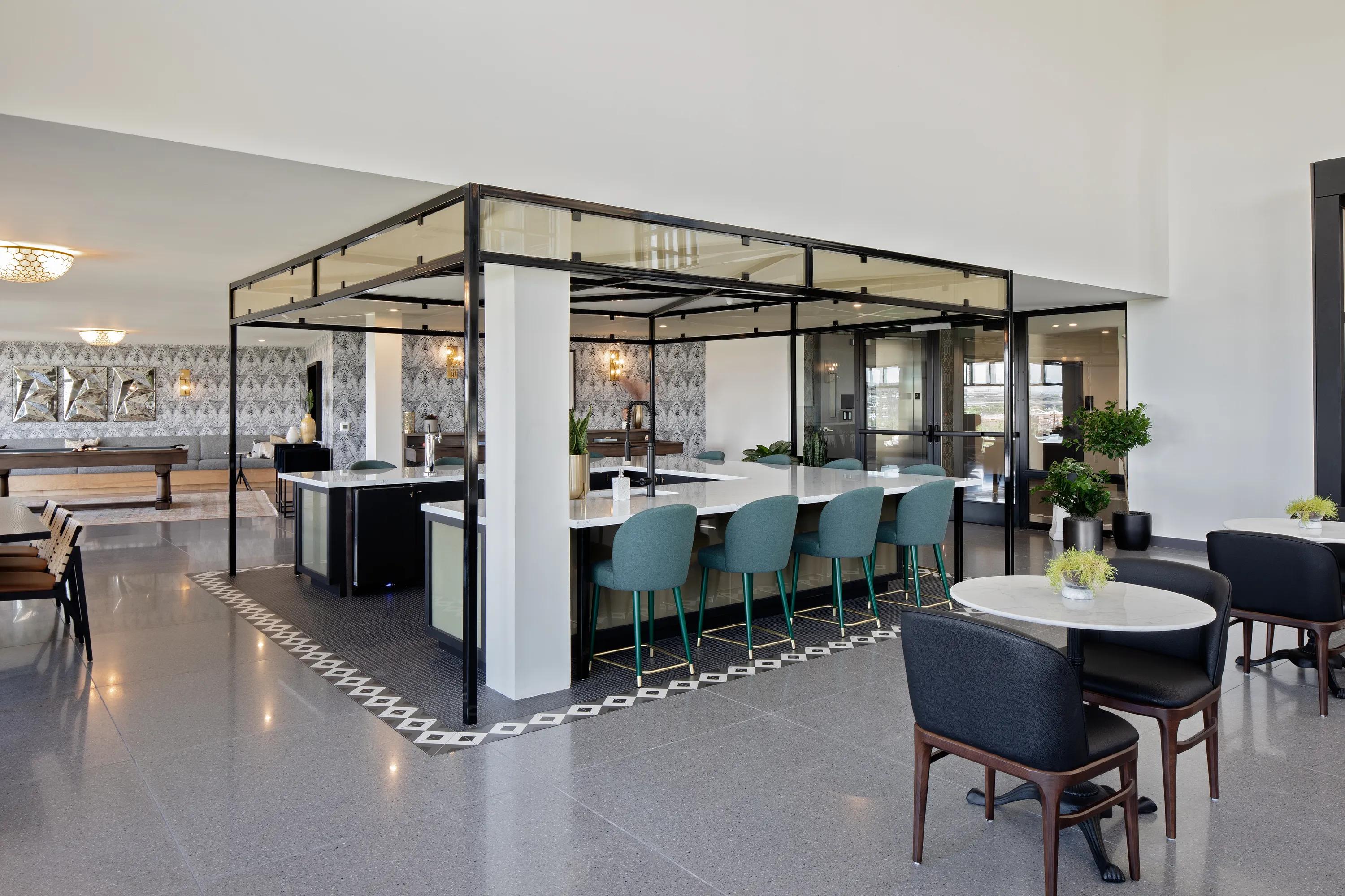 community kitchen and bar area modera art park apartment homes for rent in denver colorado