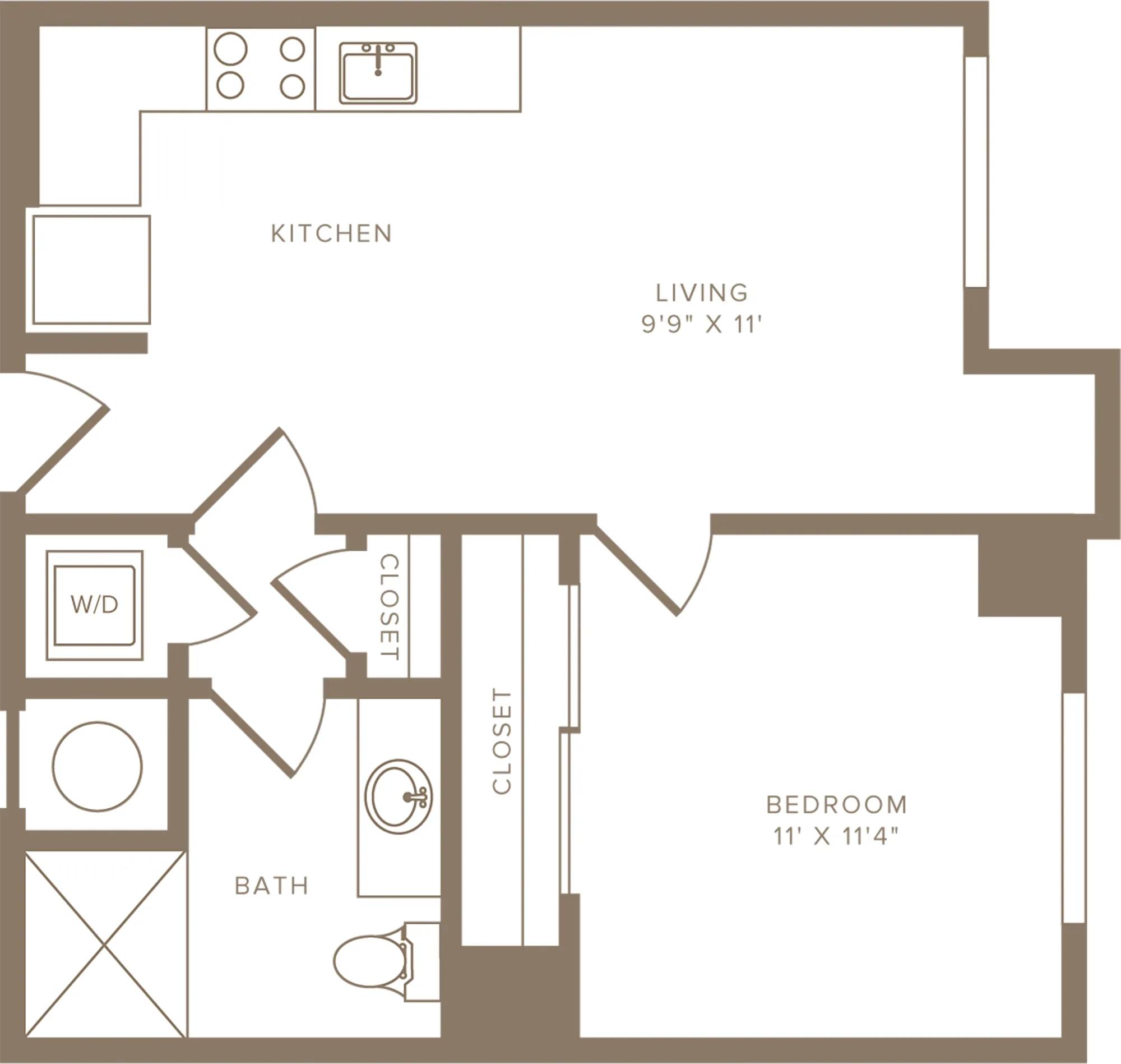 548 to 579 square foot one bedroom one bath apartment floorplan image