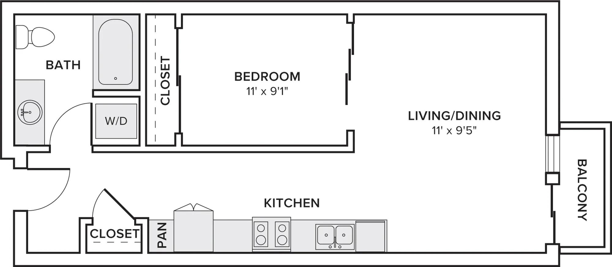 630 square foot one bedroom one bath apartment floorplan image