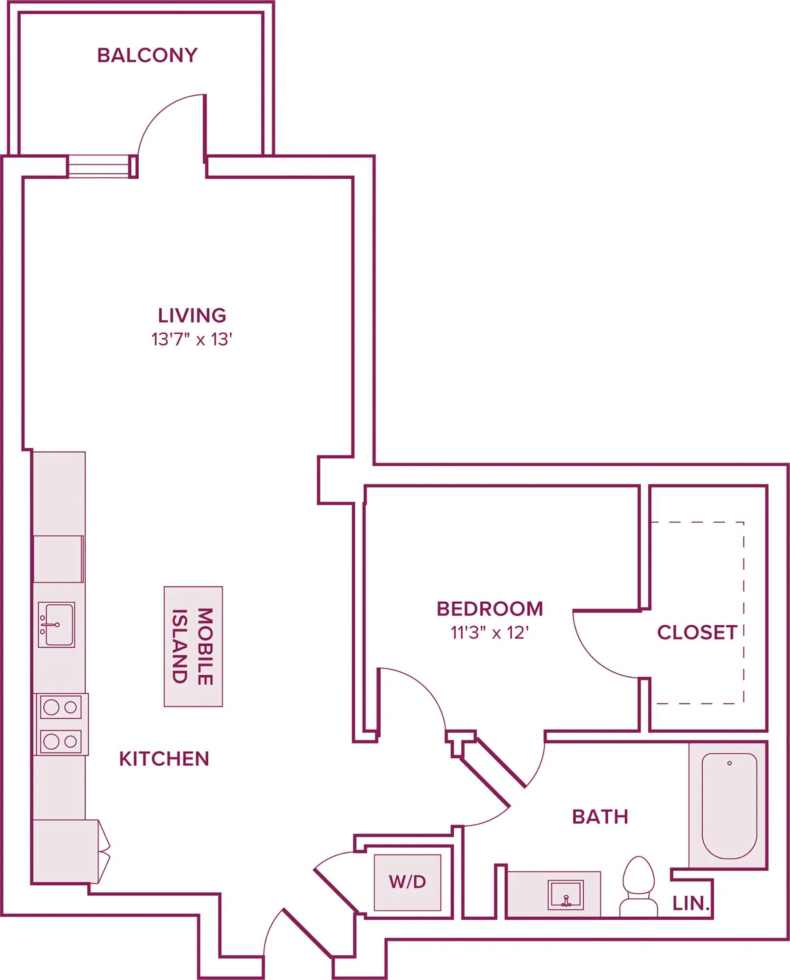 789 square foot one bed one bath floor plan in Argyle, CA
