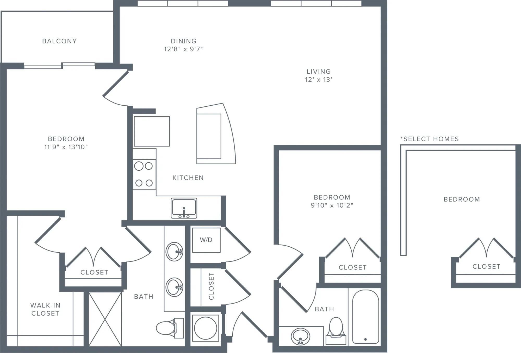 1083 square foot two bedroom two bath floorplan image