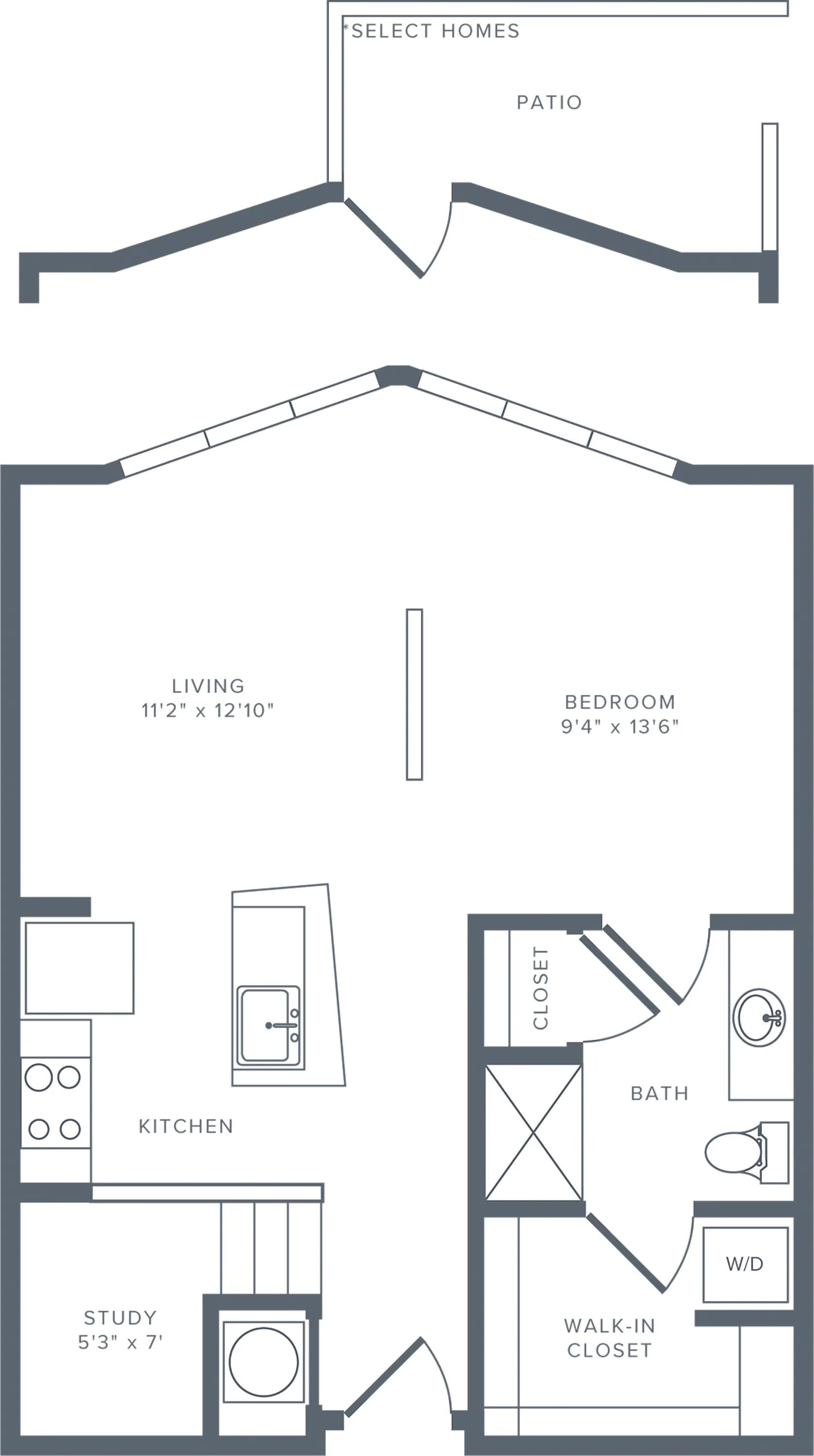 715 square foot studio one bath with den floorplan image