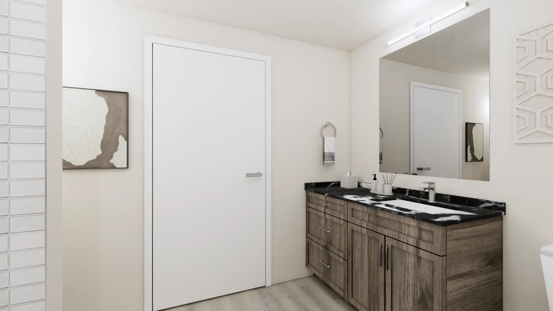 wood grain colored cabinet with tile shower at modera university park apartment homes for rent in denver co