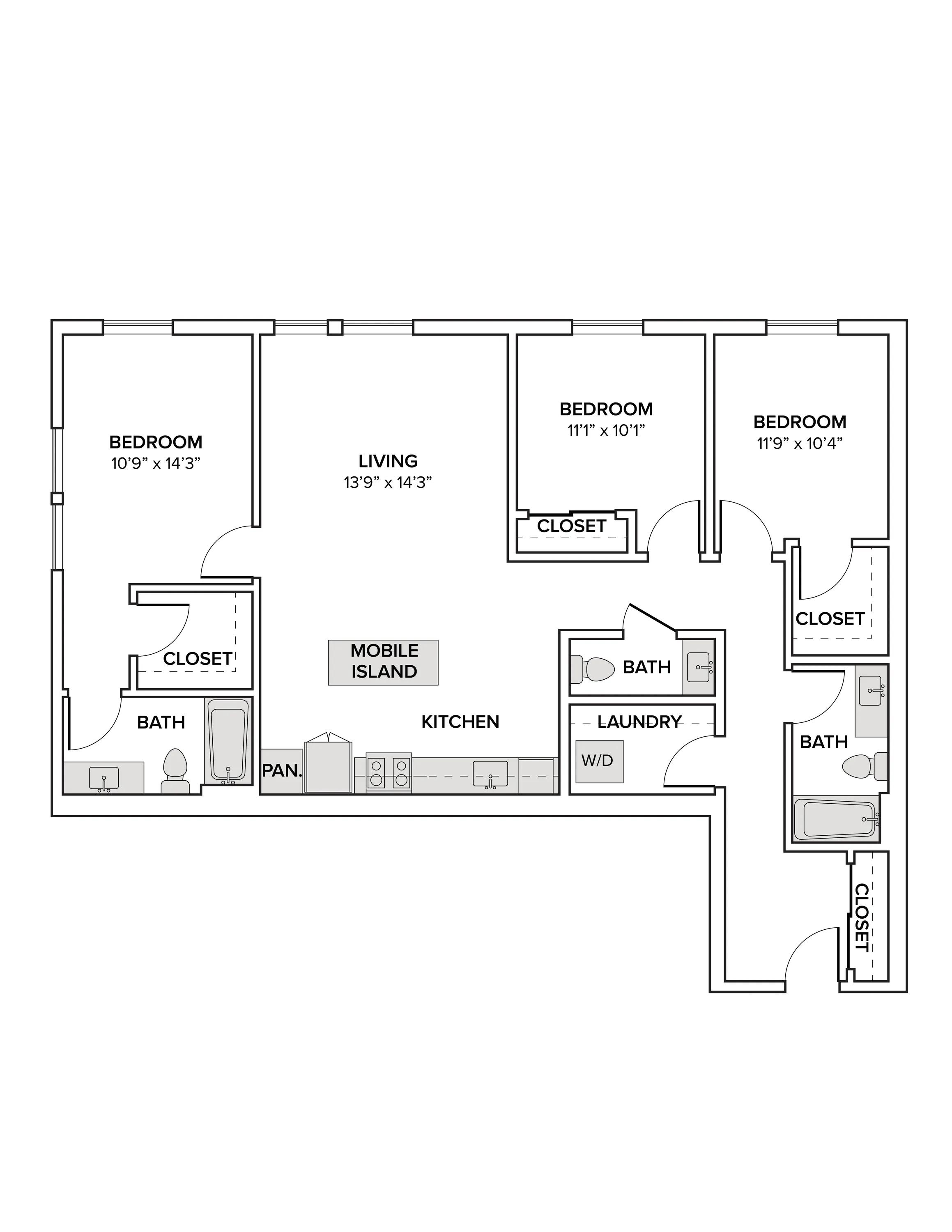 1420 square foot three bedroom two and a half bath apartment floor plan image