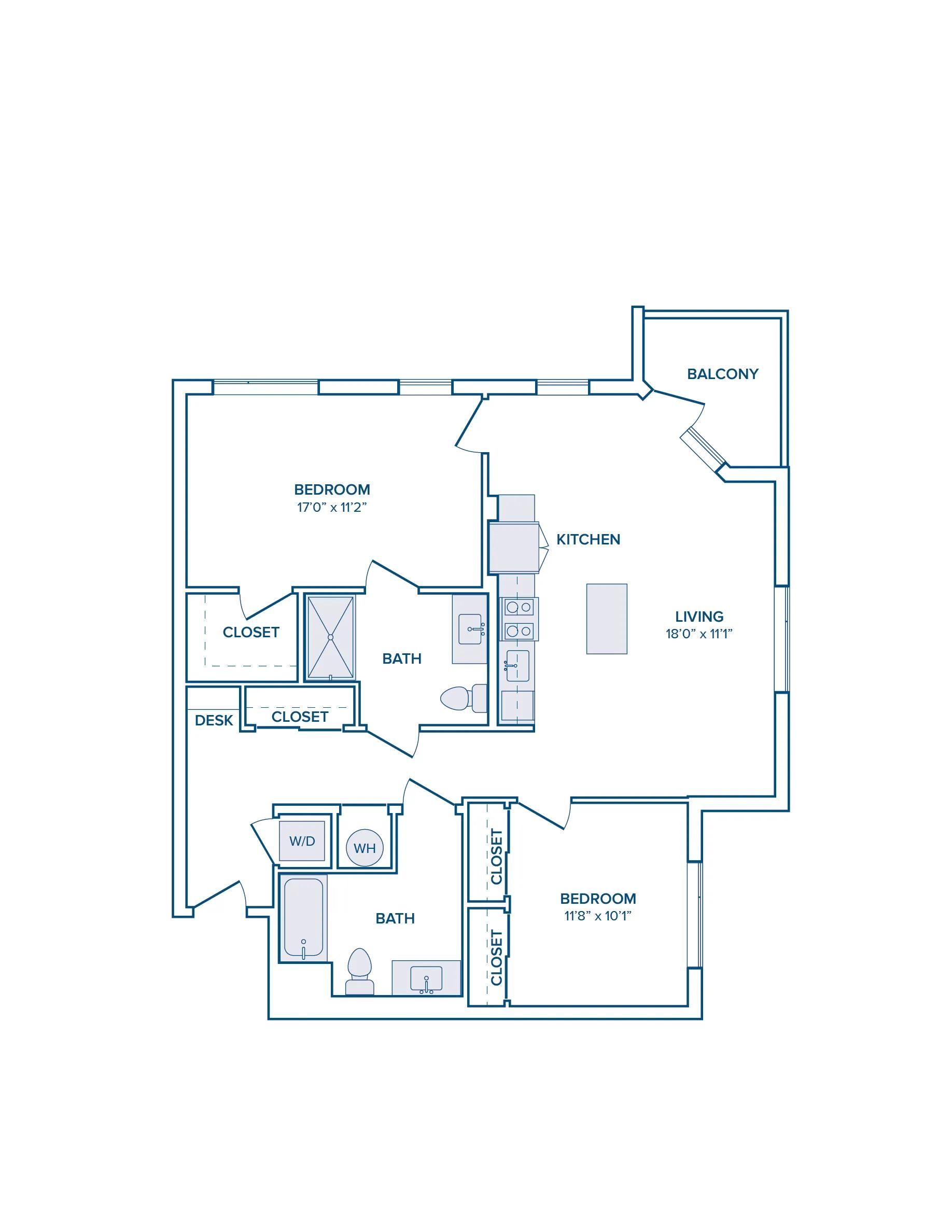 1158 square foot two bed two bath with garage apartment floor plan image