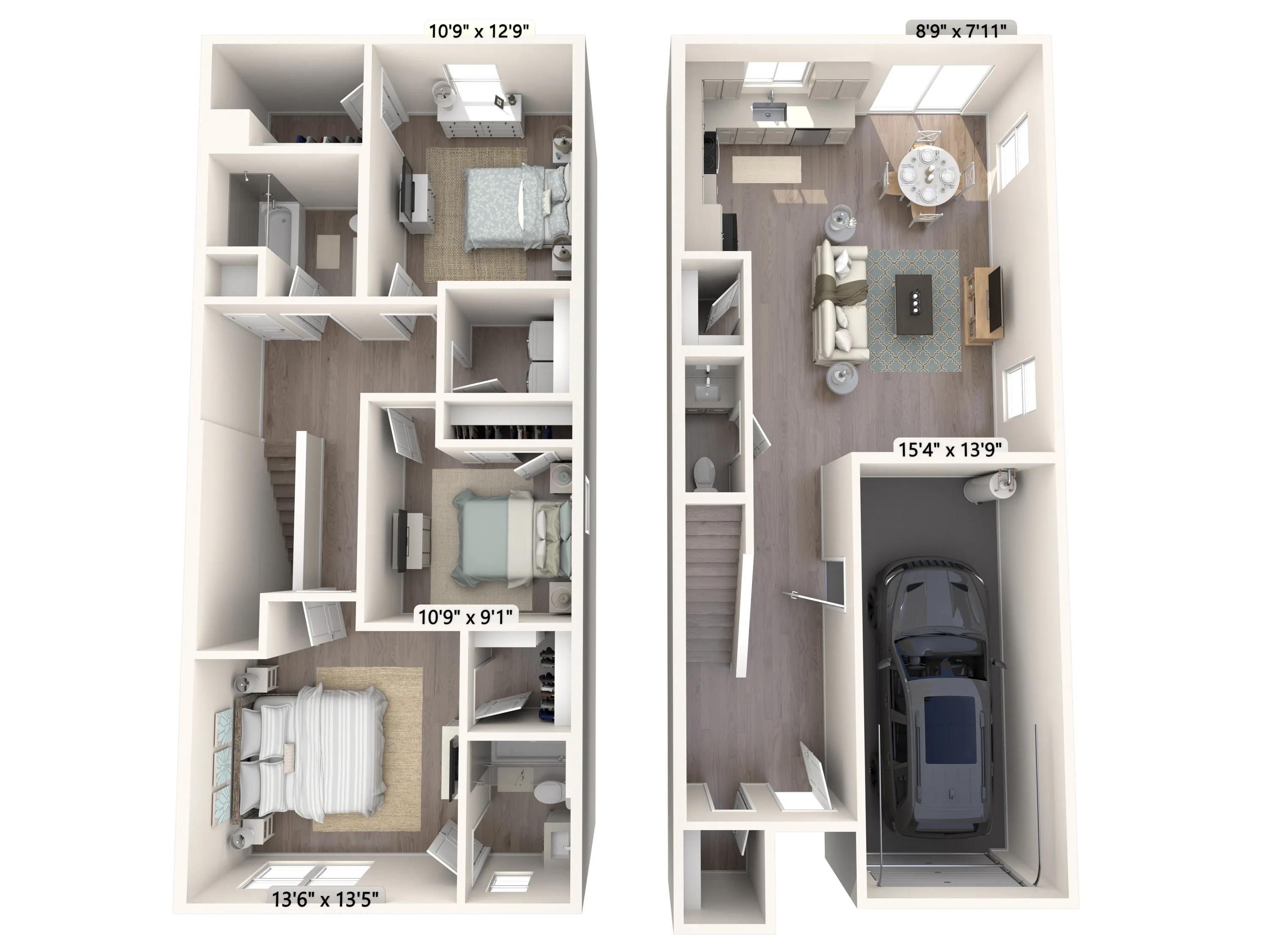 1501 square foot three bedroom two and a half bath townhome floor plan in Phoenix, Arizona