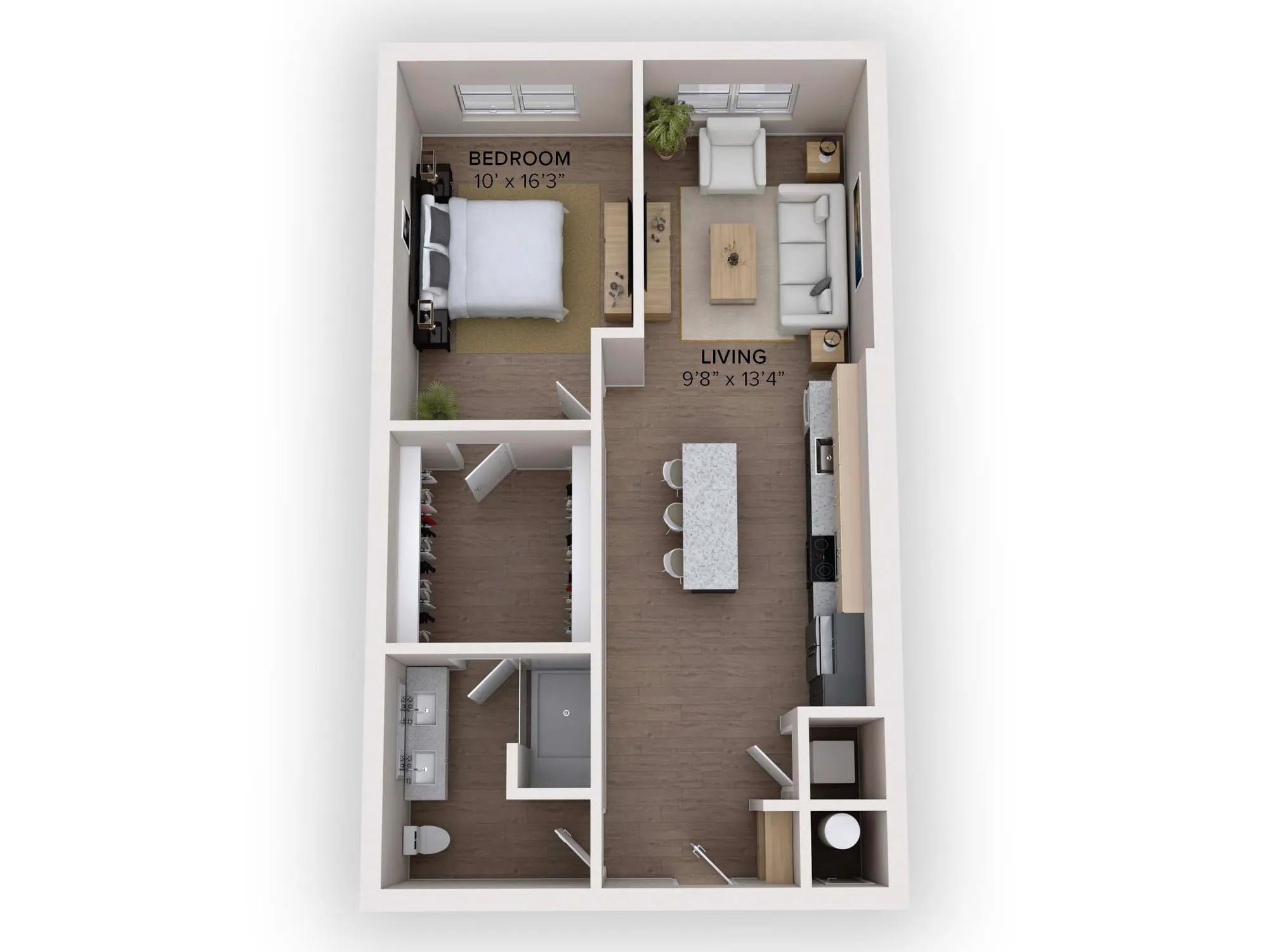 871 square foot one bed one bath floor plan in Denver, CO