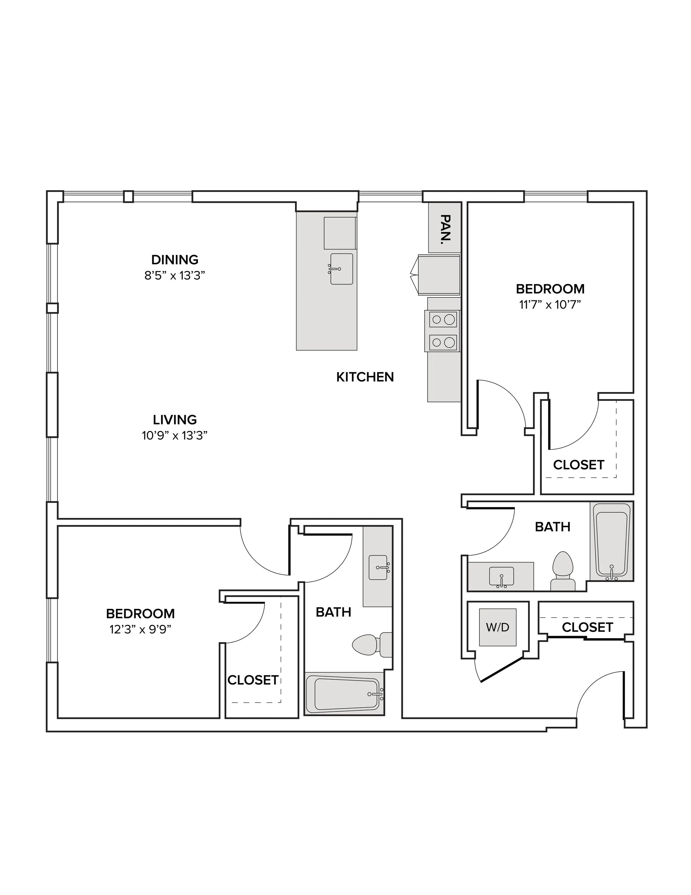 1213 square foot two bedroom two bath apartment floor plan image
