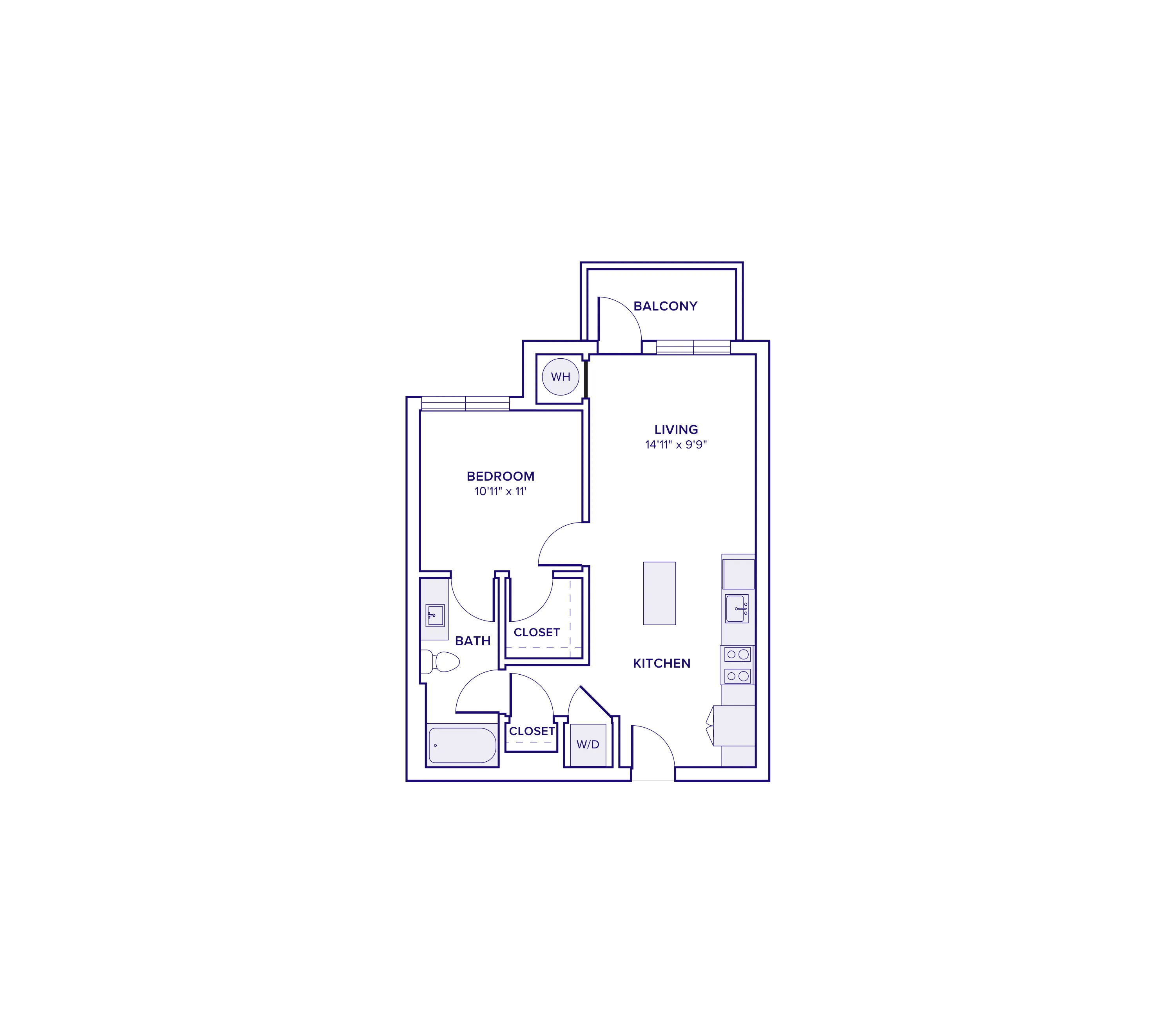 663 square foot one bed one bath apartment floor plan in Atlanta, GA