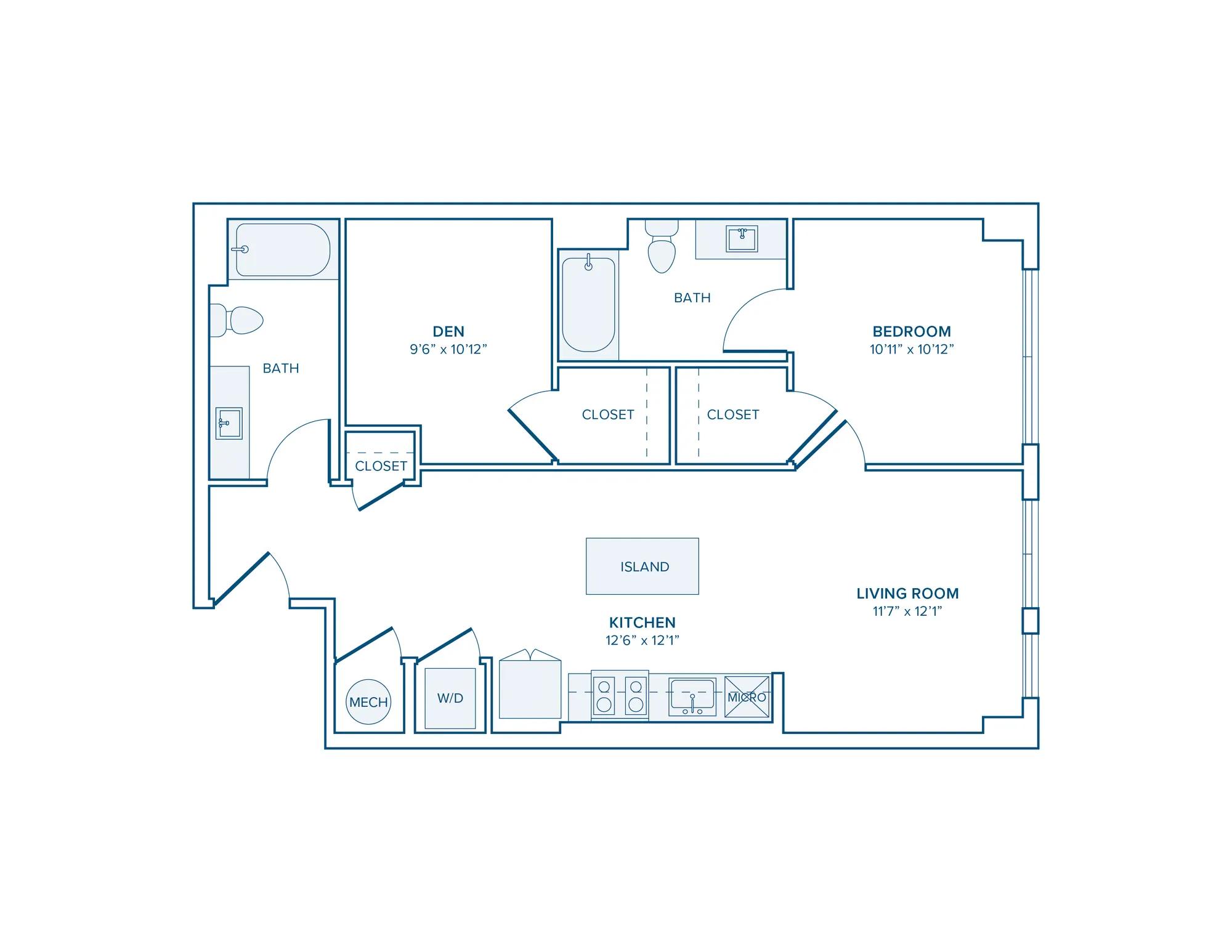 868-874 square foot one bed two bath with den apartment floor plan in D.C.