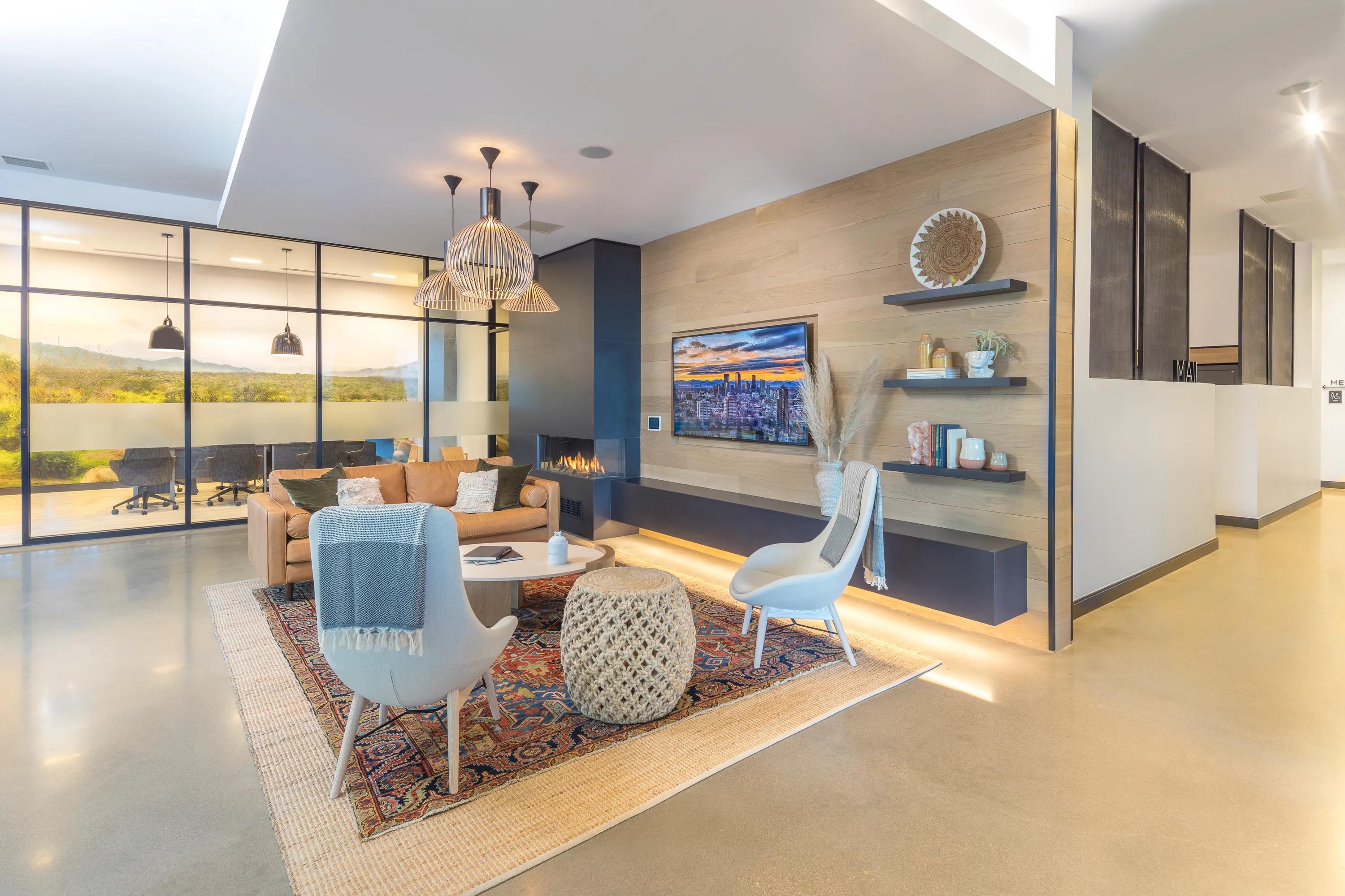 Relax or work from home in our lobby with stunning views and outdoor lounge modera lohi apartments in denver co