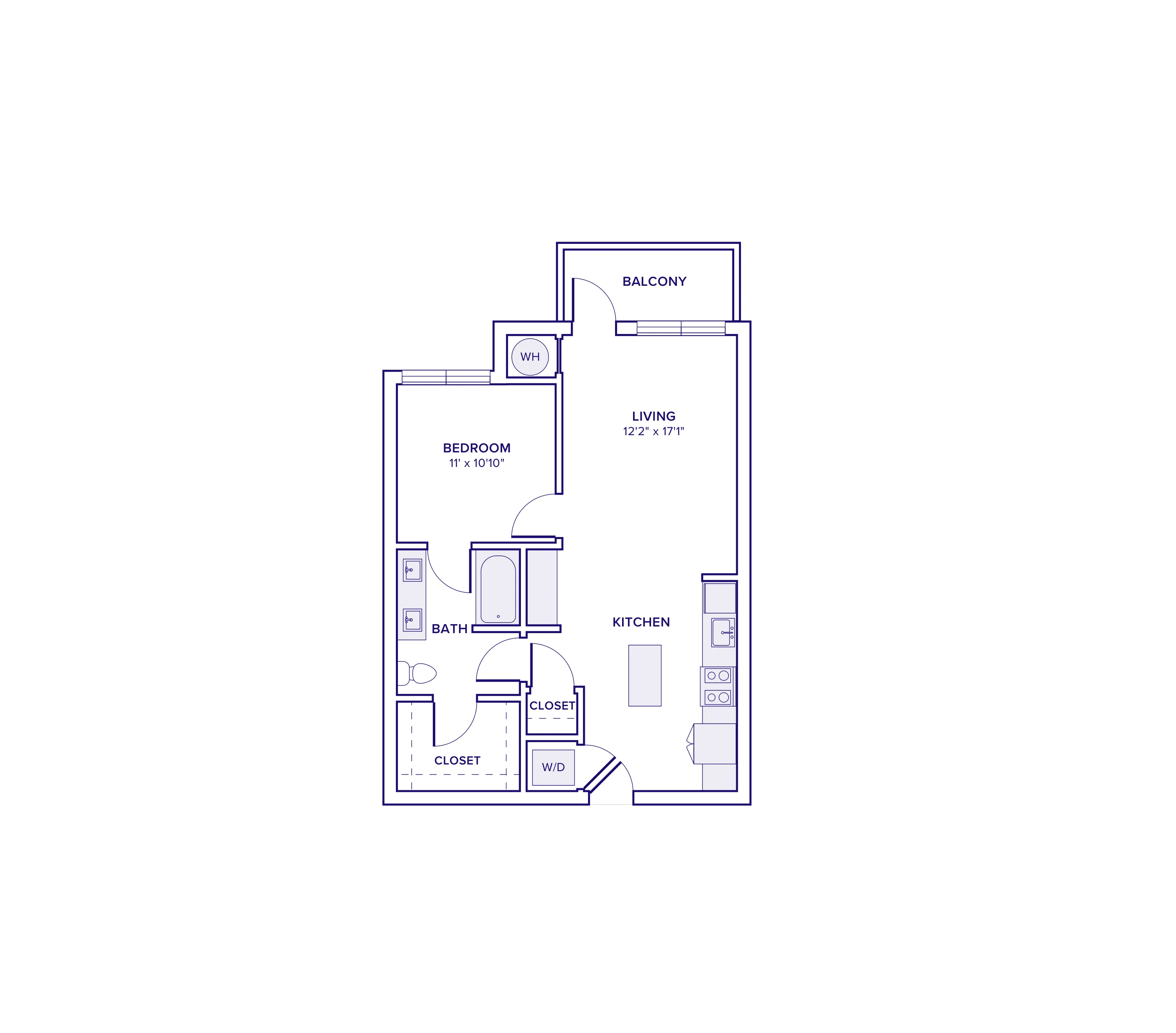 734 square foot one bedroom one bath apartment floor plan in Atlanta, GA