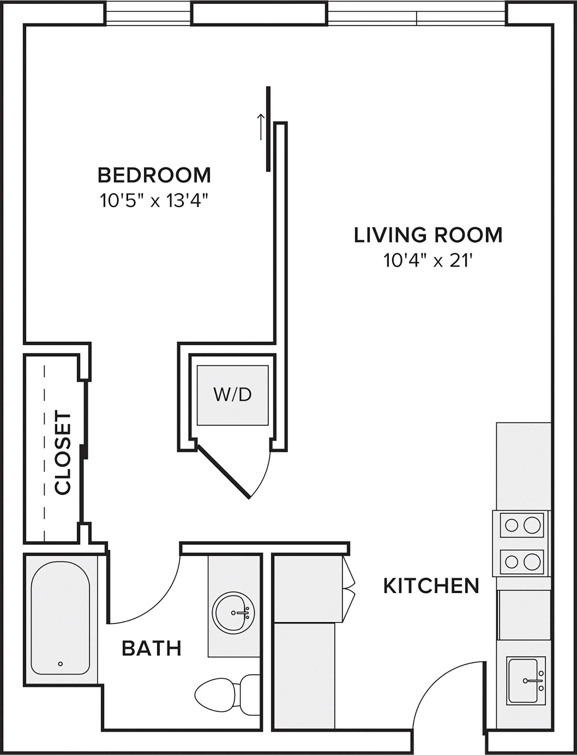 612 square foot one bed one bath apartment floor plan in Portland, OR