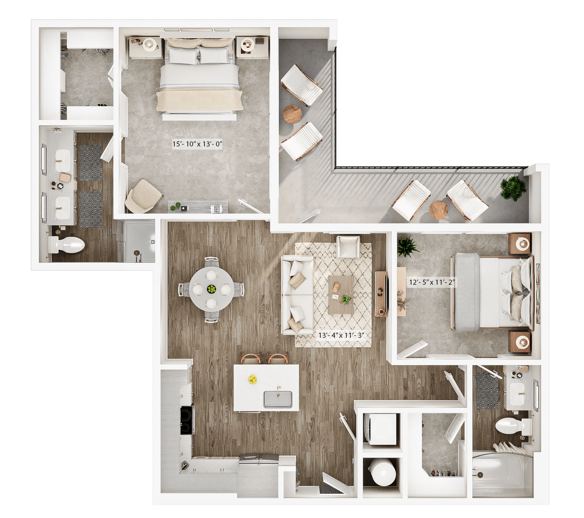 1086 square foot two bed two and a half bath apartment floor plan image