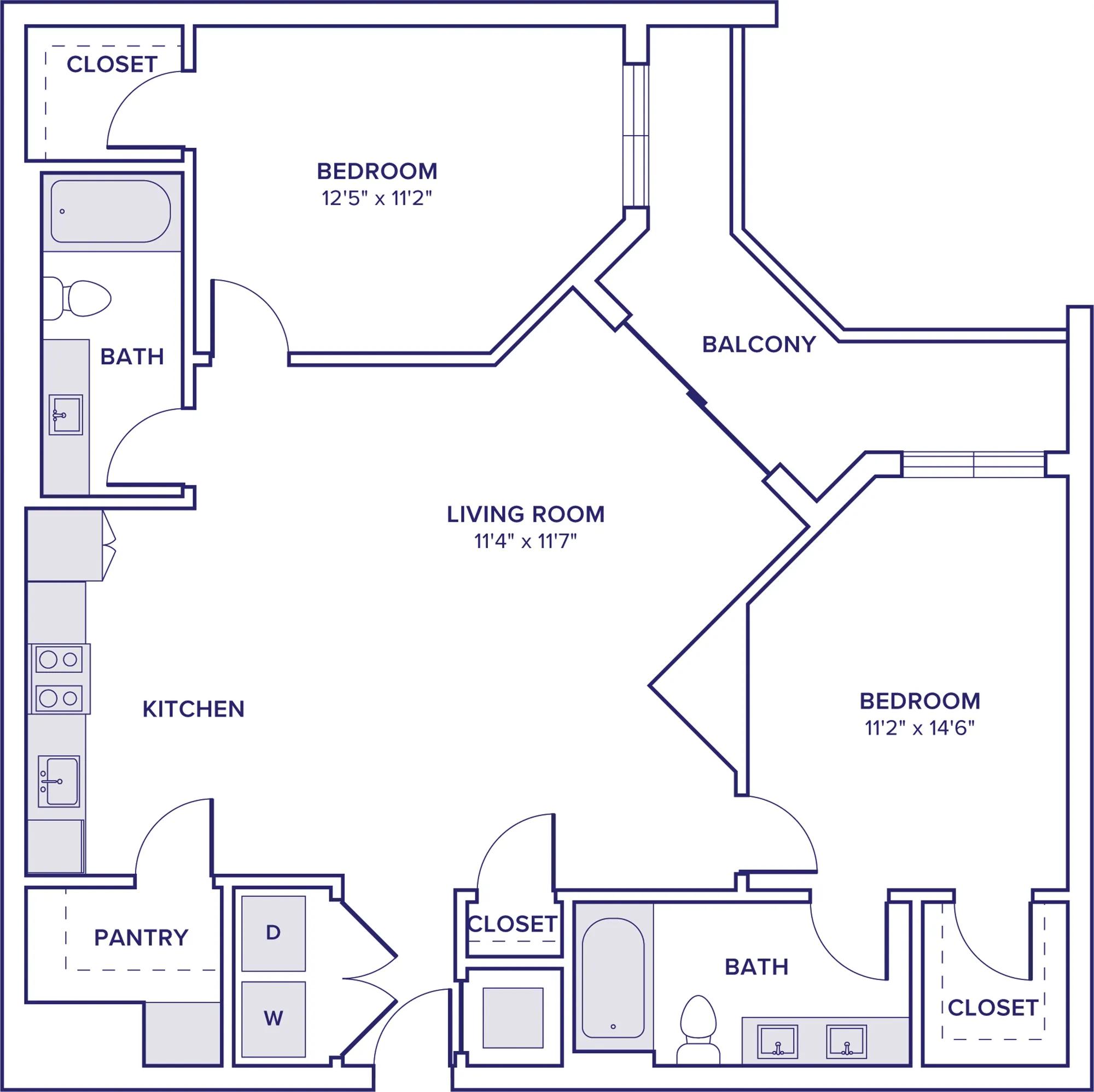 1110 square foot two bedroom two bathroom floorplan image