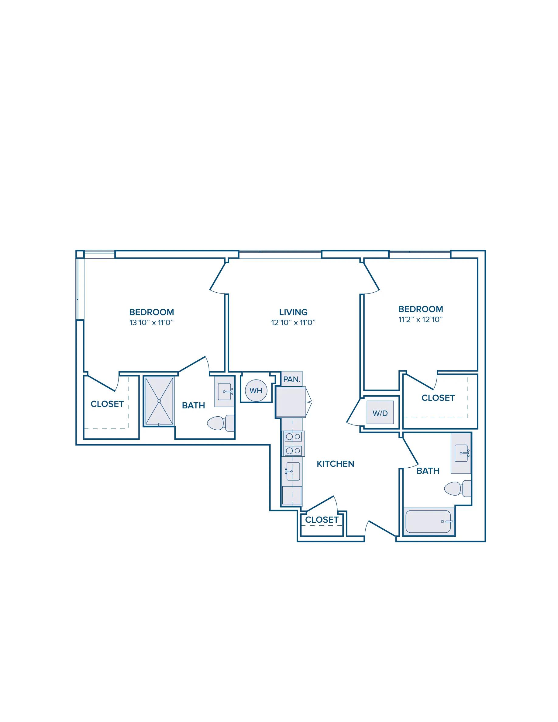 946 square foot two bed two bath floor plan image