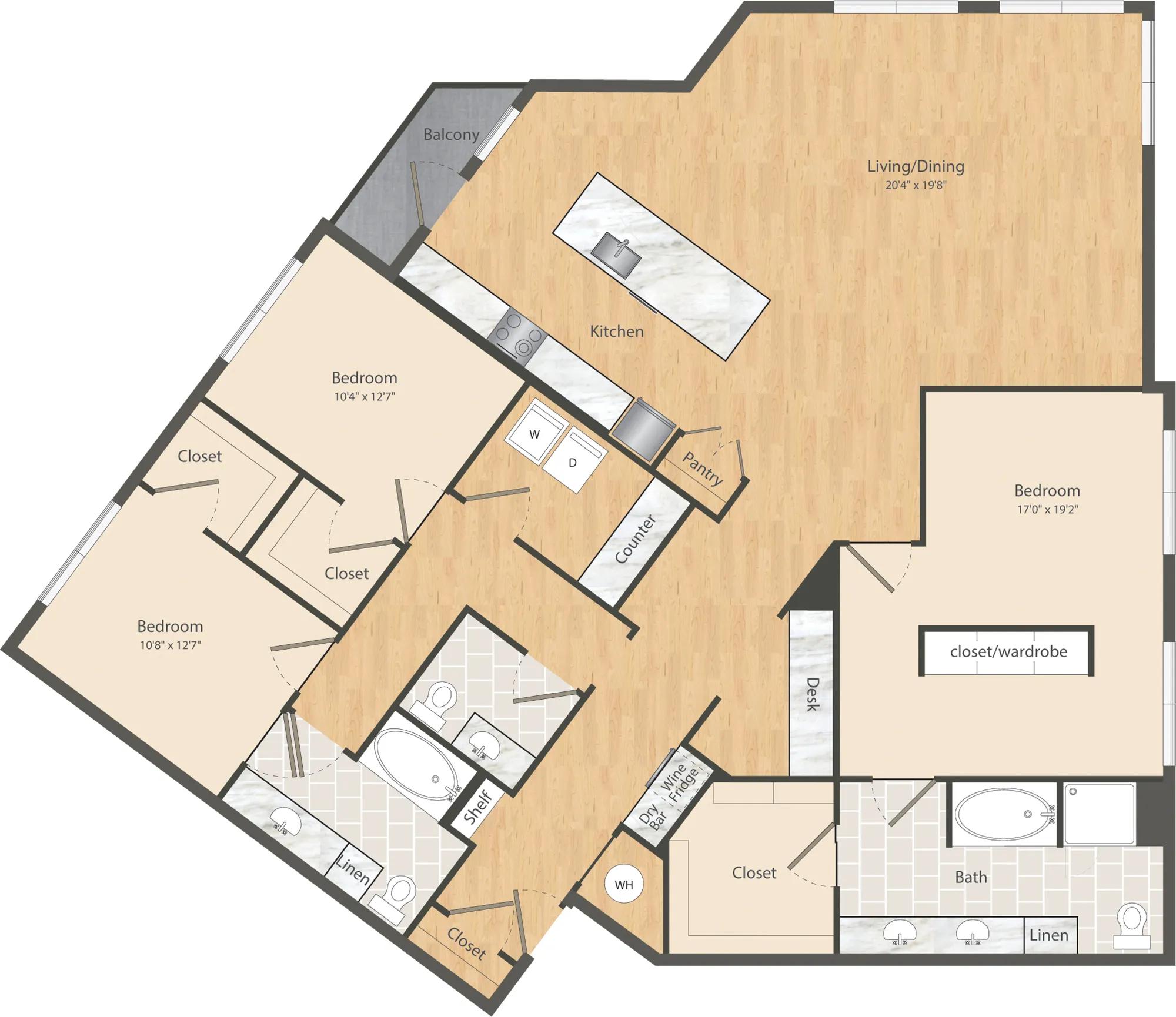 2108 square foot three bedroom two and a half bath apartment floor plan in Dallas, TX
