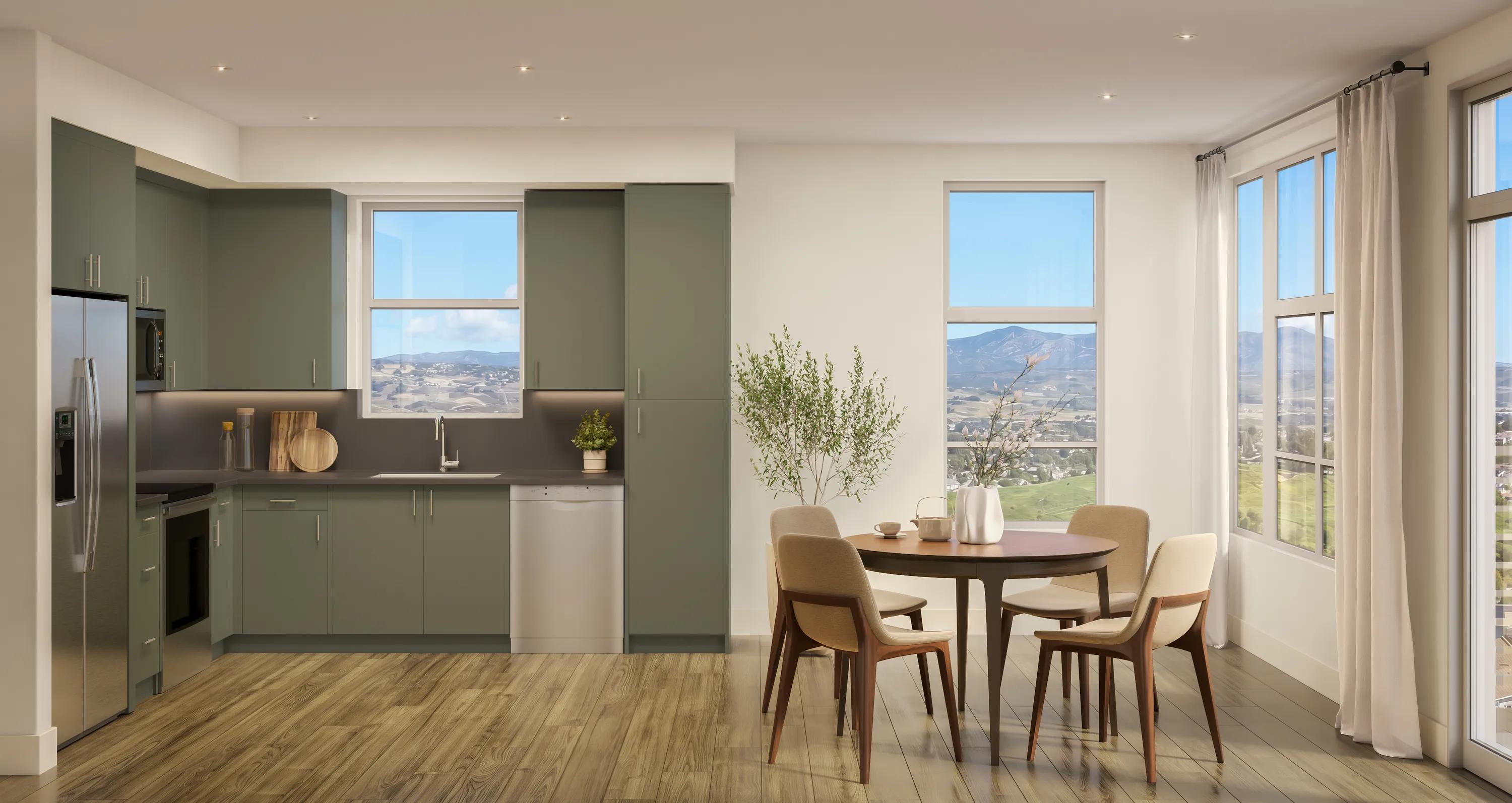 modera melrose apartments in oceanside ca bright kitchen with green cabinetry and mountain views