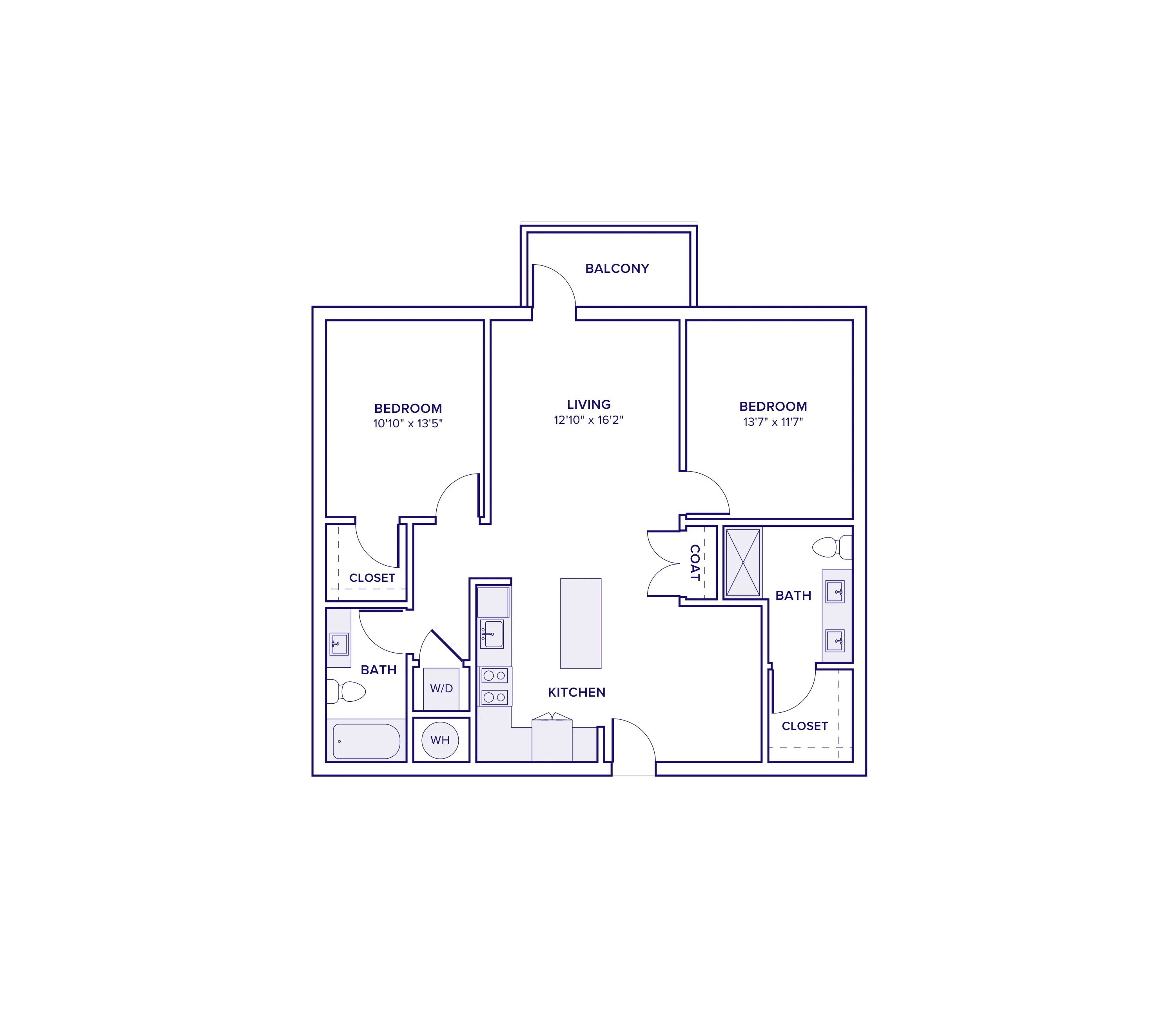 1079 square foot two bed two bath apartment floor plan in Atlanta, GA