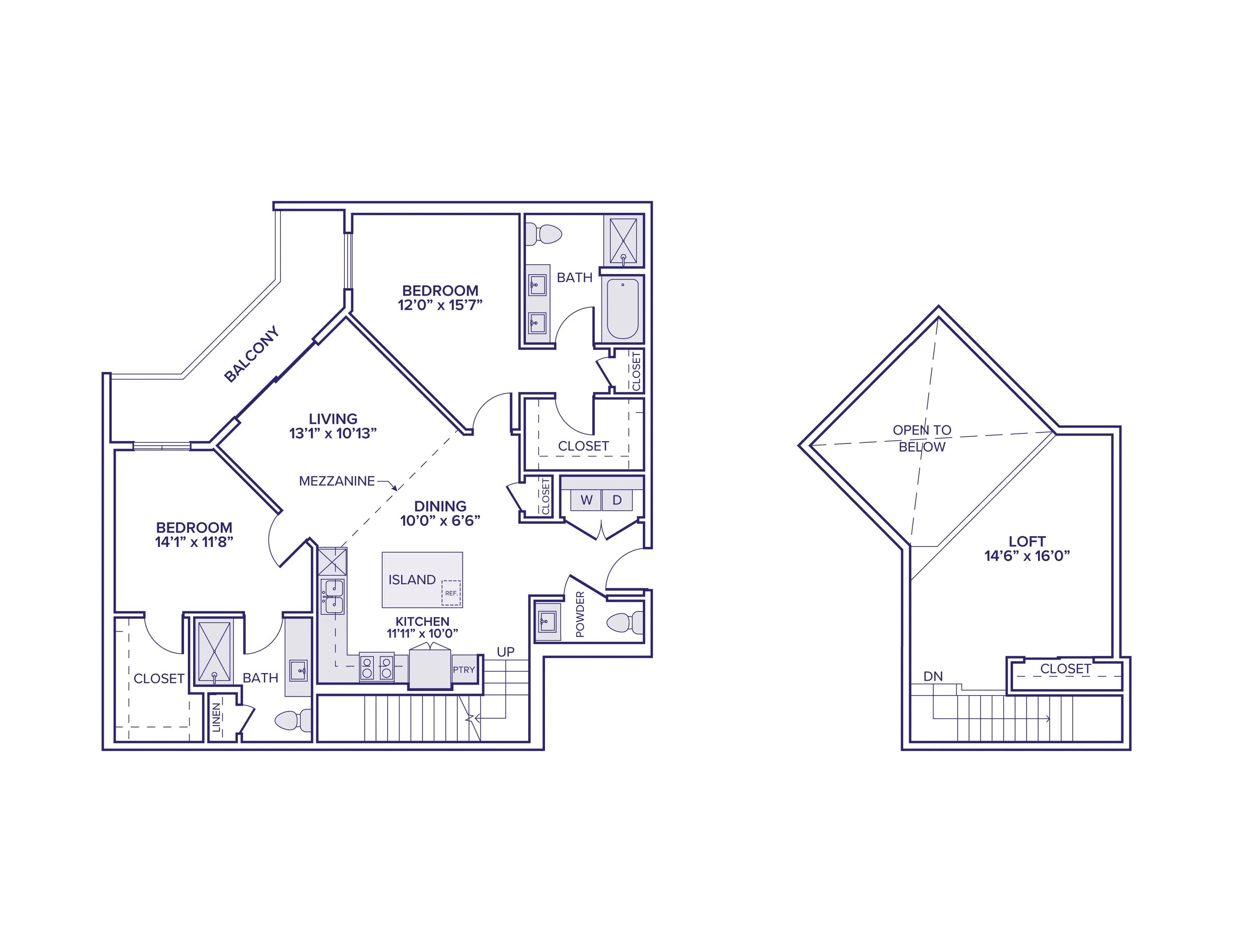 1460 square foot two bed two and a half bath apartment floor plan in Scottsdale, AZ