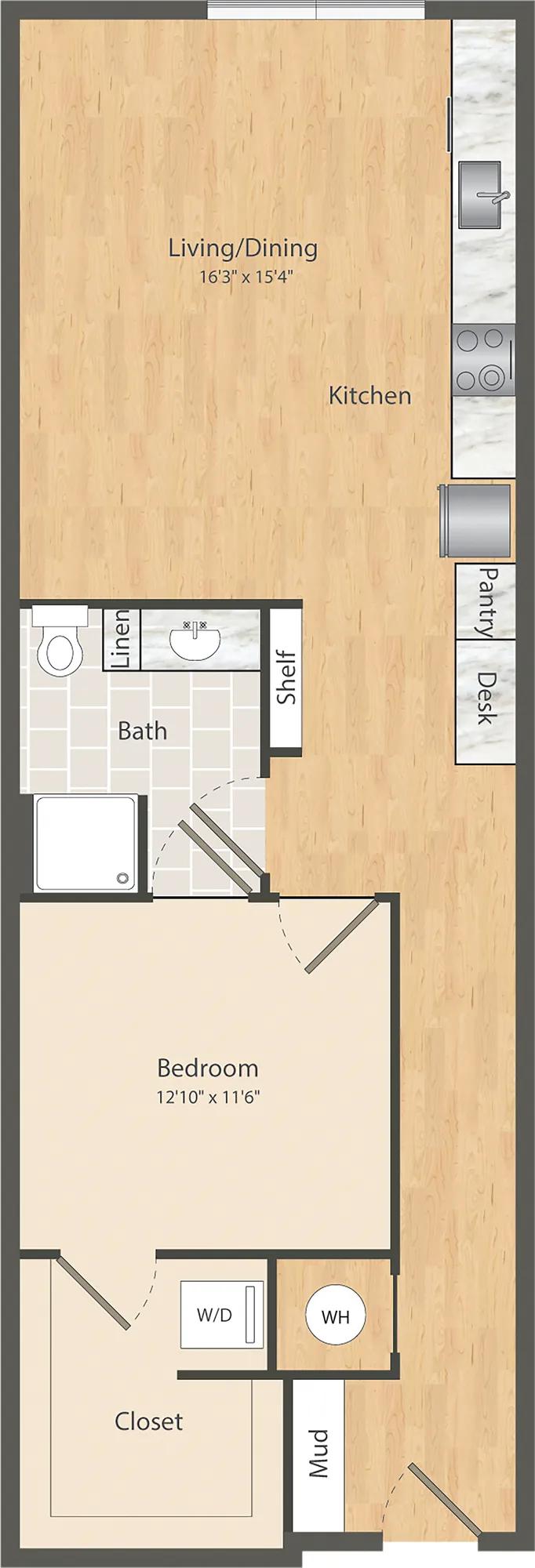 846 square foot one bedroom one bath apartment floor plan in Dallas, TX