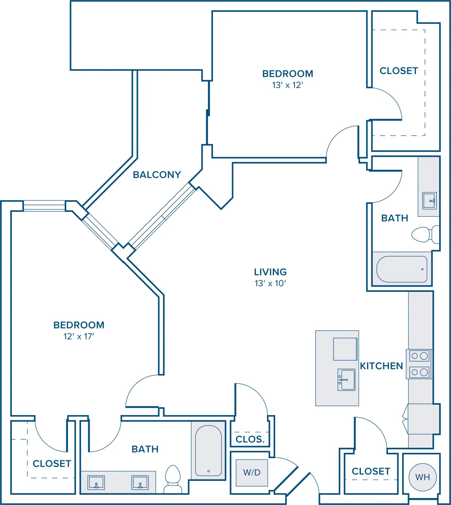 1179 square foot two bed two bath apartment floor plan in Nashville, TN