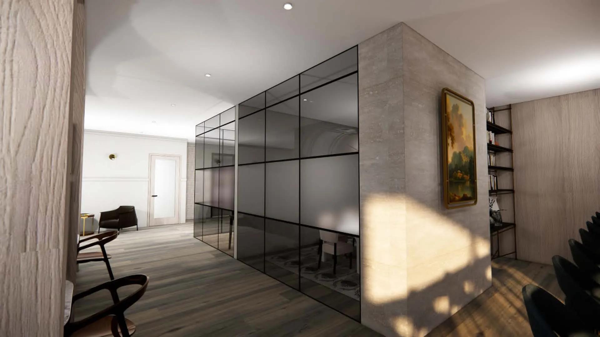 private conference room with large windows at modera university park apartment homes for rent in denver co