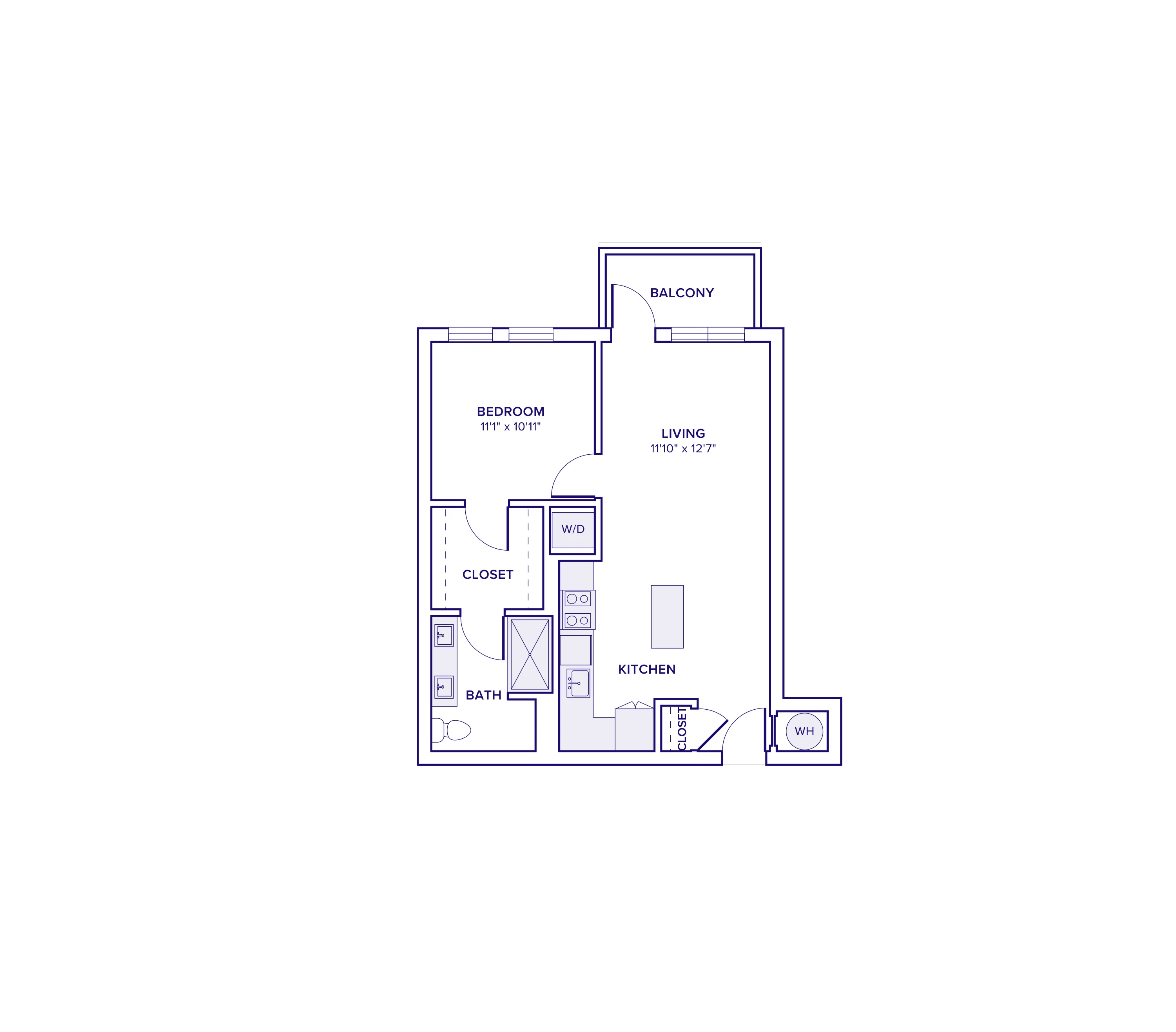 715 square foot one bed one bath apartment floor plan in Atlanta, GA