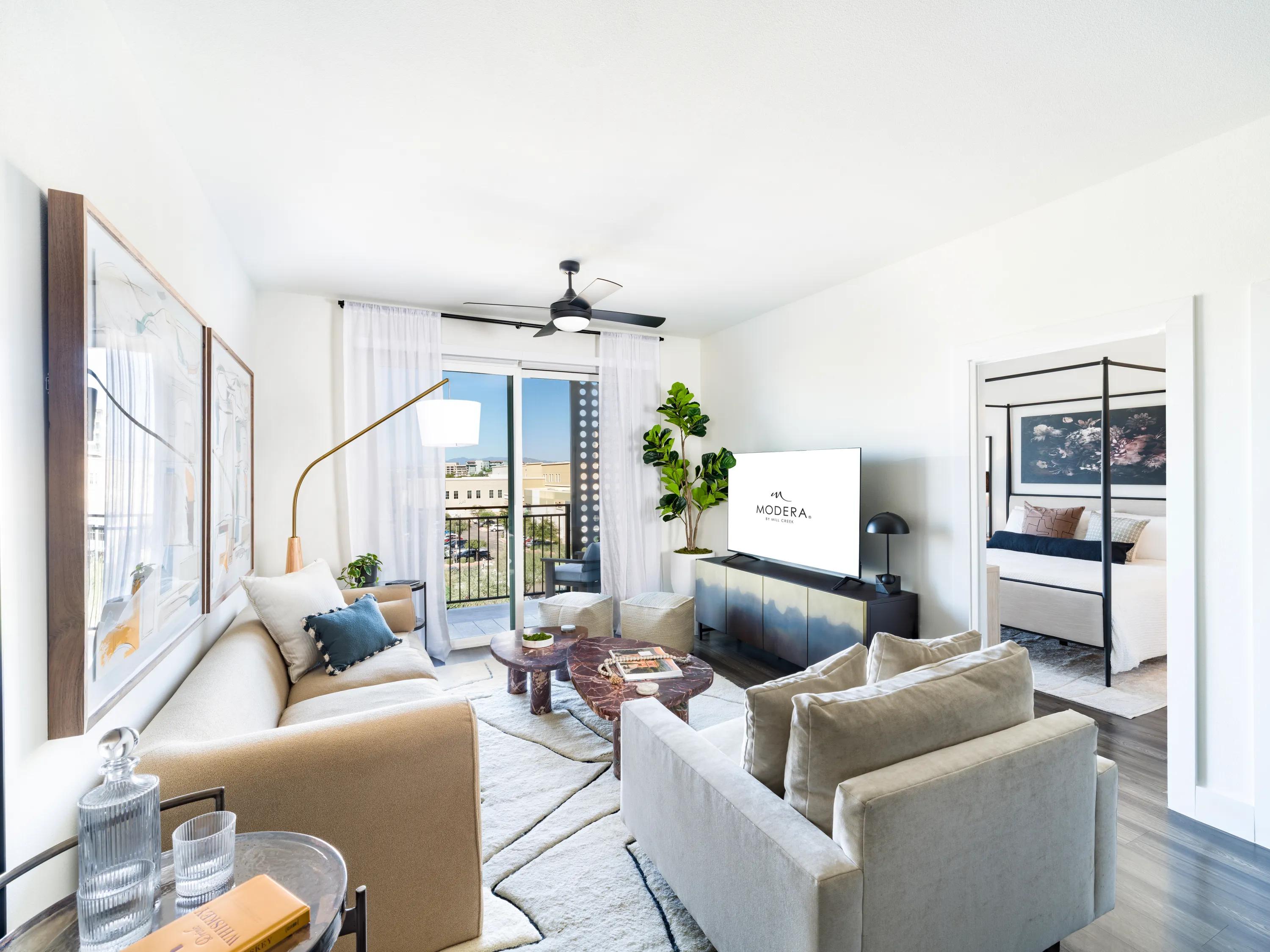 spacious floor plans and living room area with hard wood style flooring modera kierland apartments homes for rent in scottsdale z